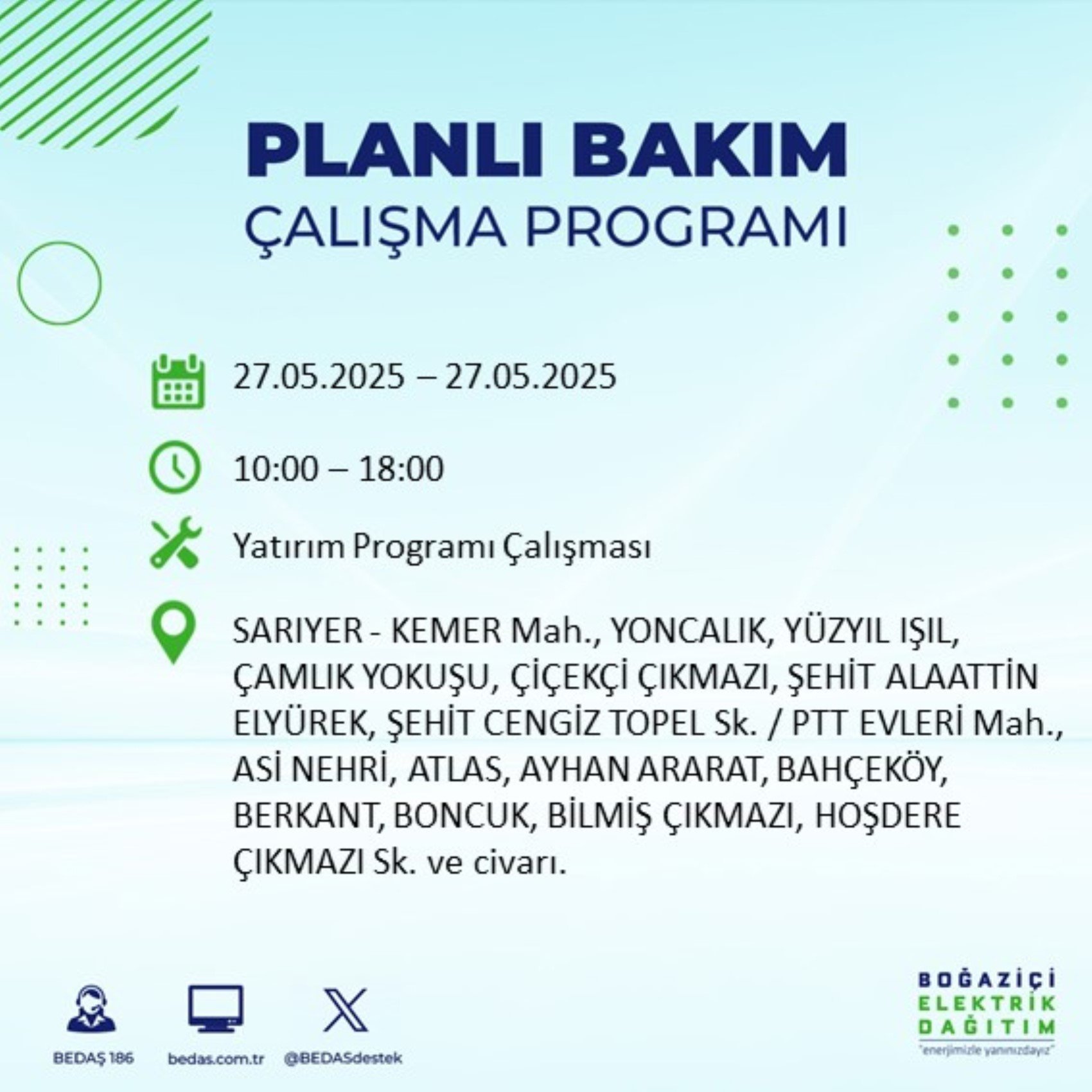 BEDAŞ paylaştı: İstanbul'da 27 Mayıs Salı günü elektrik kesintisi yaşanacak ilçeler