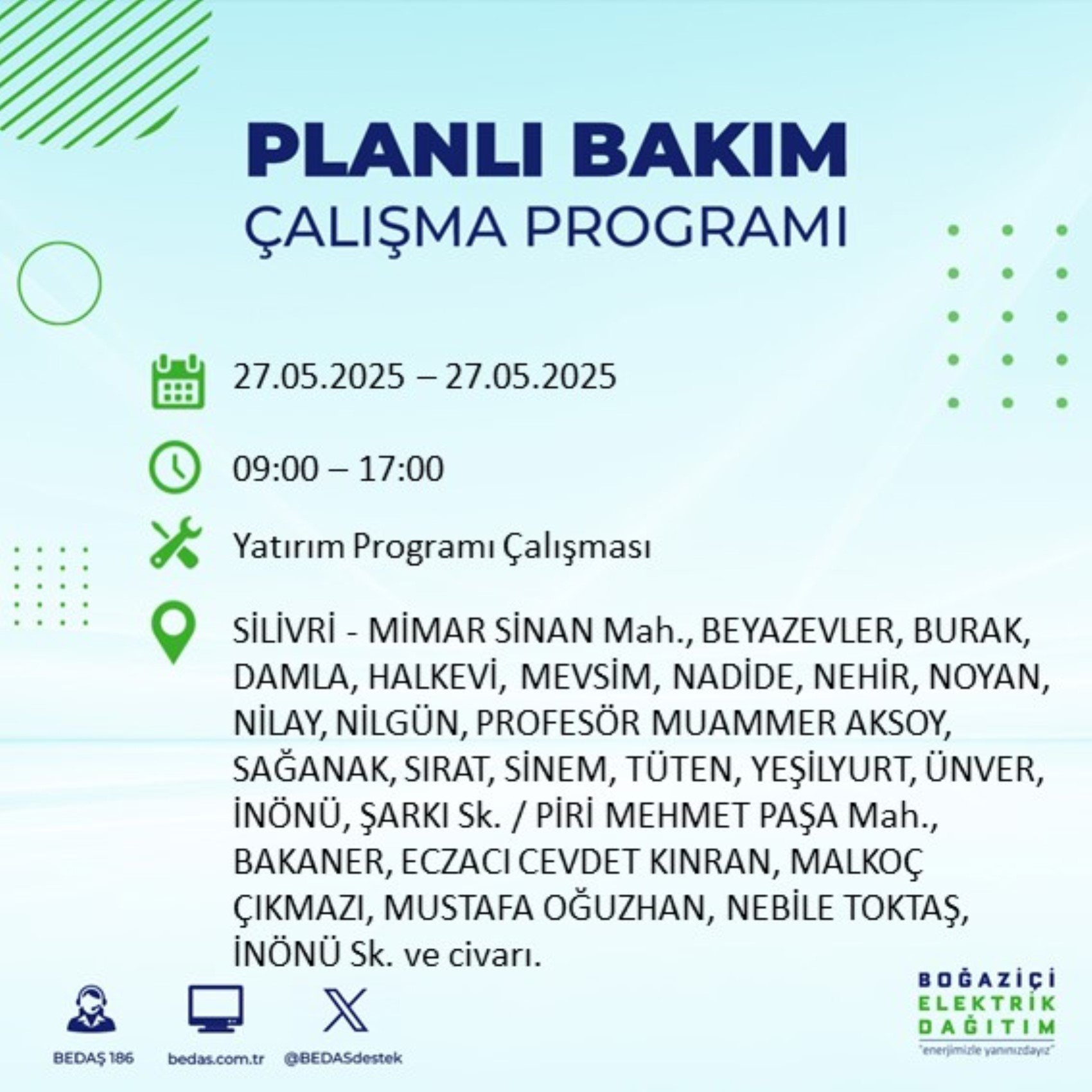 BEDAŞ paylaştı: İstanbul'da 27 Mayıs Salı günü elektrik kesintisi yaşanacak ilçeler