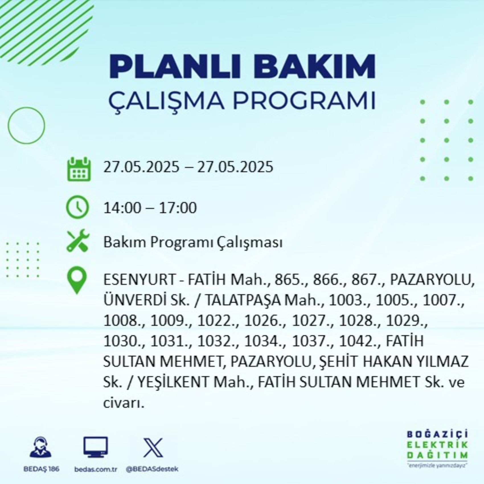 BEDAŞ paylaştı: İstanbul'da 27 Mayıs Salı günü elektrik kesintisi yaşanacak ilçeler
