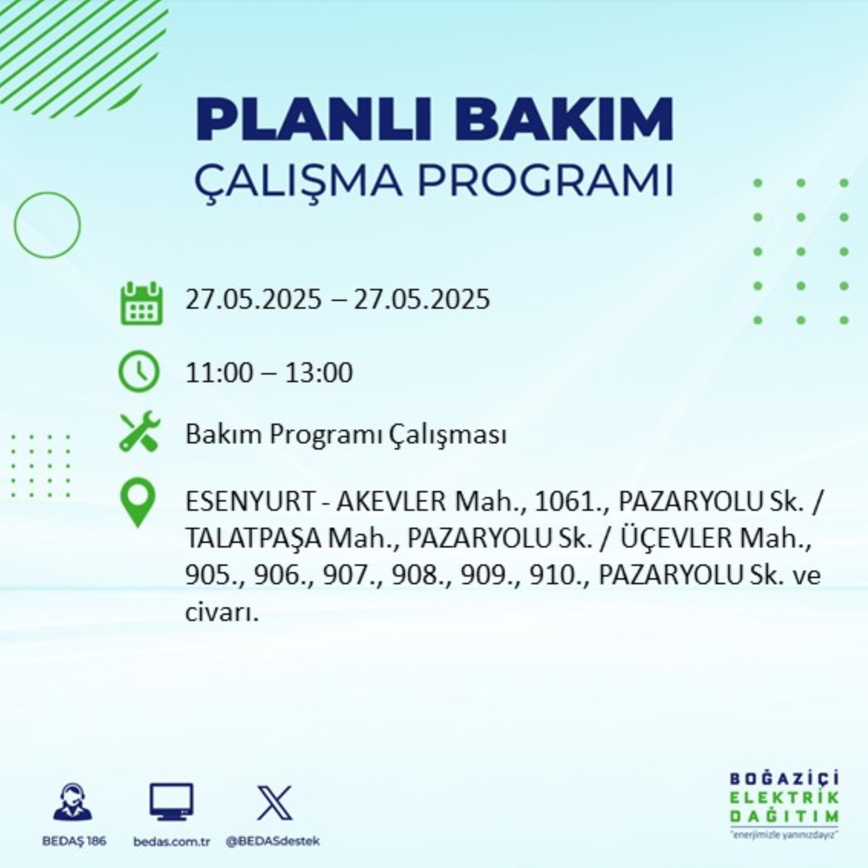 BEDAŞ paylaştı: İstanbul'da 27 Mayıs Salı günü elektrik kesintisi yaşanacak ilçeler