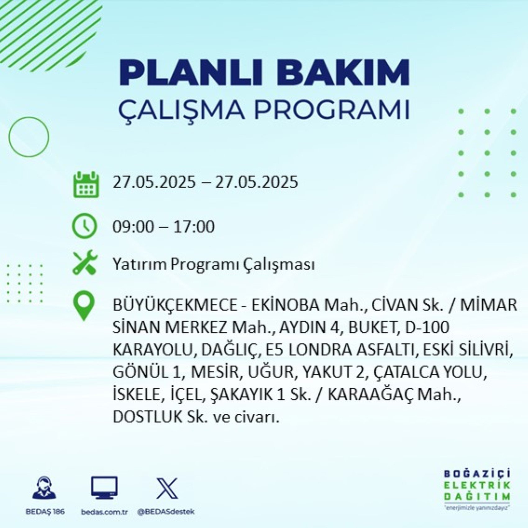 BEDAŞ paylaştı: İstanbul'da 27 Mayıs Salı günü elektrik kesintisi yaşanacak ilçeler