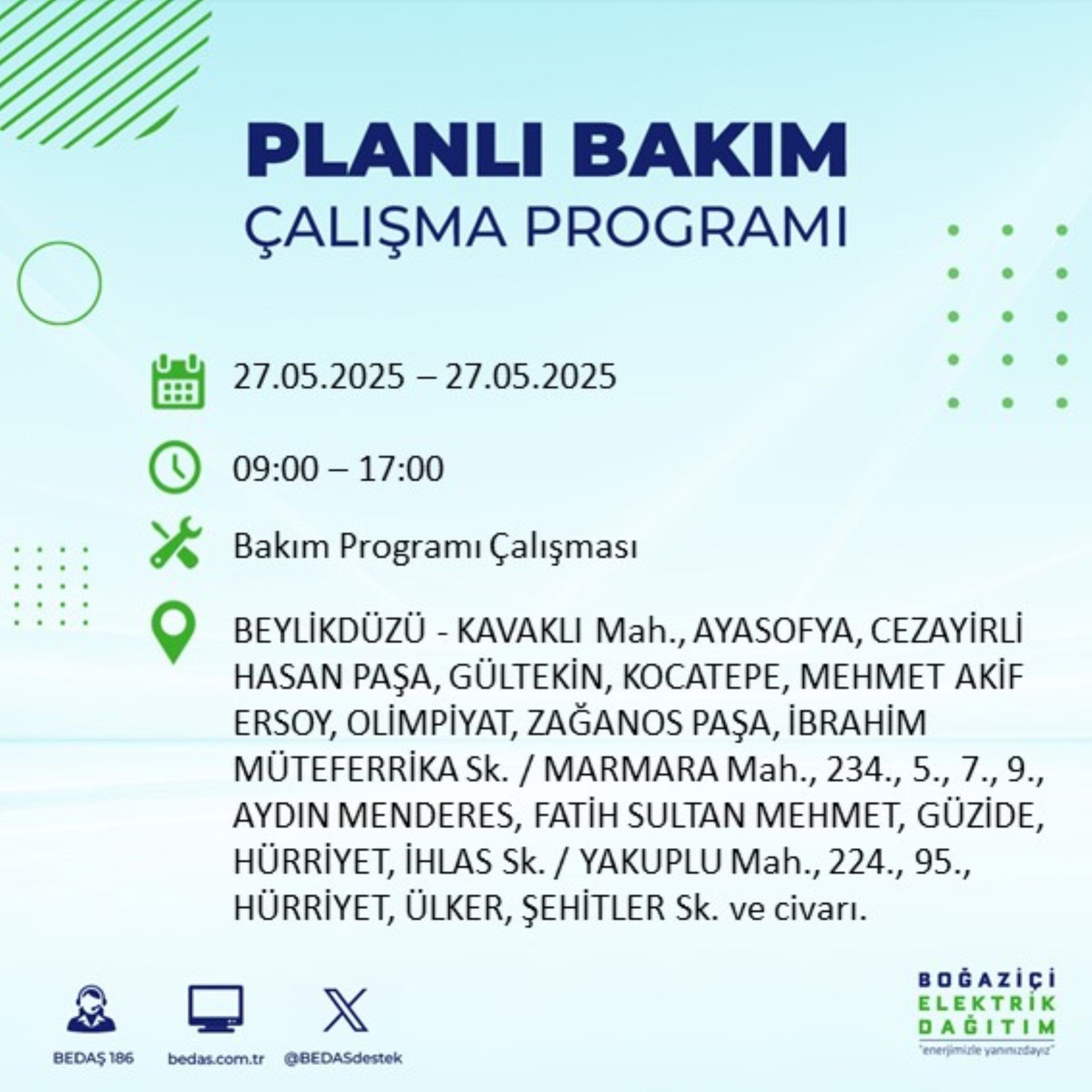 BEDAŞ paylaştı: İstanbul'da 27 Mayıs Salı günü elektrik kesintisi yaşanacak ilçeler