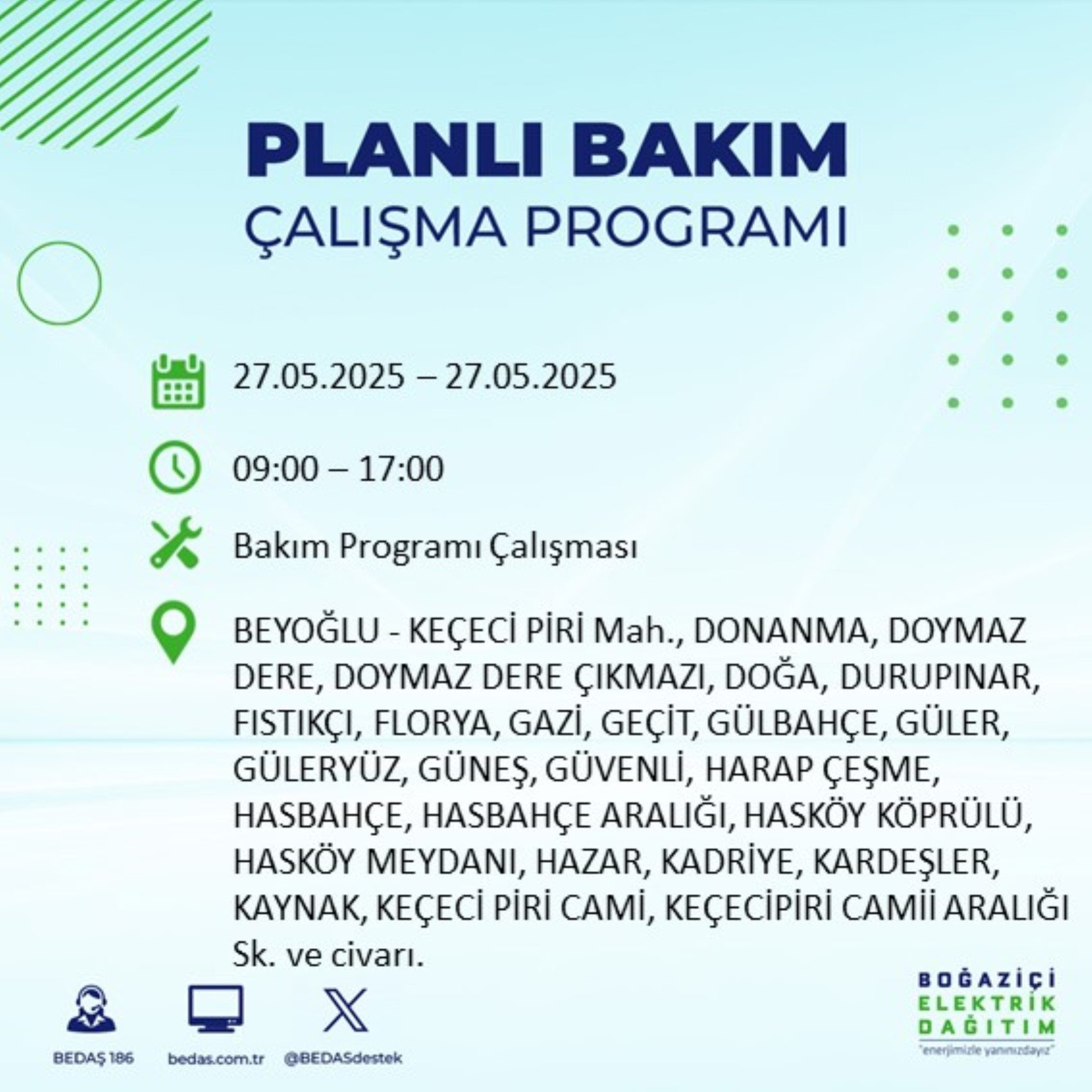 BEDAŞ paylaştı: İstanbul'da 27 Mayıs Salı günü elektrik kesintisi yaşanacak ilçeler