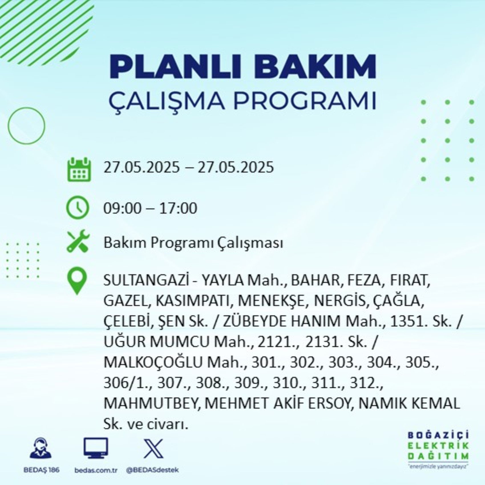 BEDAŞ paylaştı: İstanbul'da 27 Mayıs Salı günü elektrik kesintisi yaşanacak ilçeler