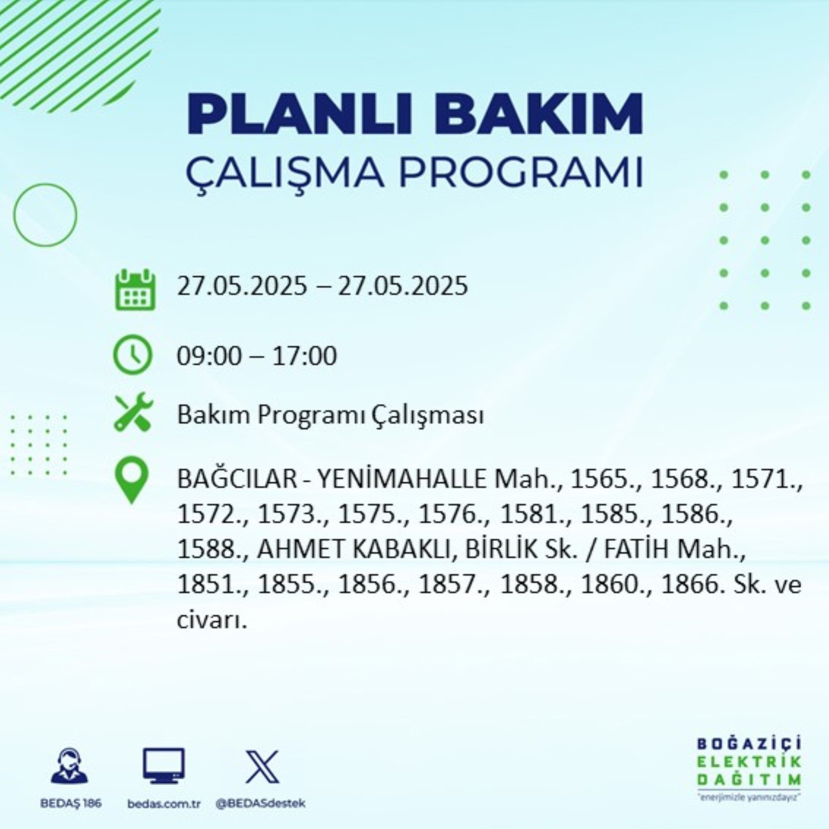 BEDAŞ paylaştı: İstanbul'da 27 Mayıs Salı günü elektrik kesintisi yaşanacak ilçeler