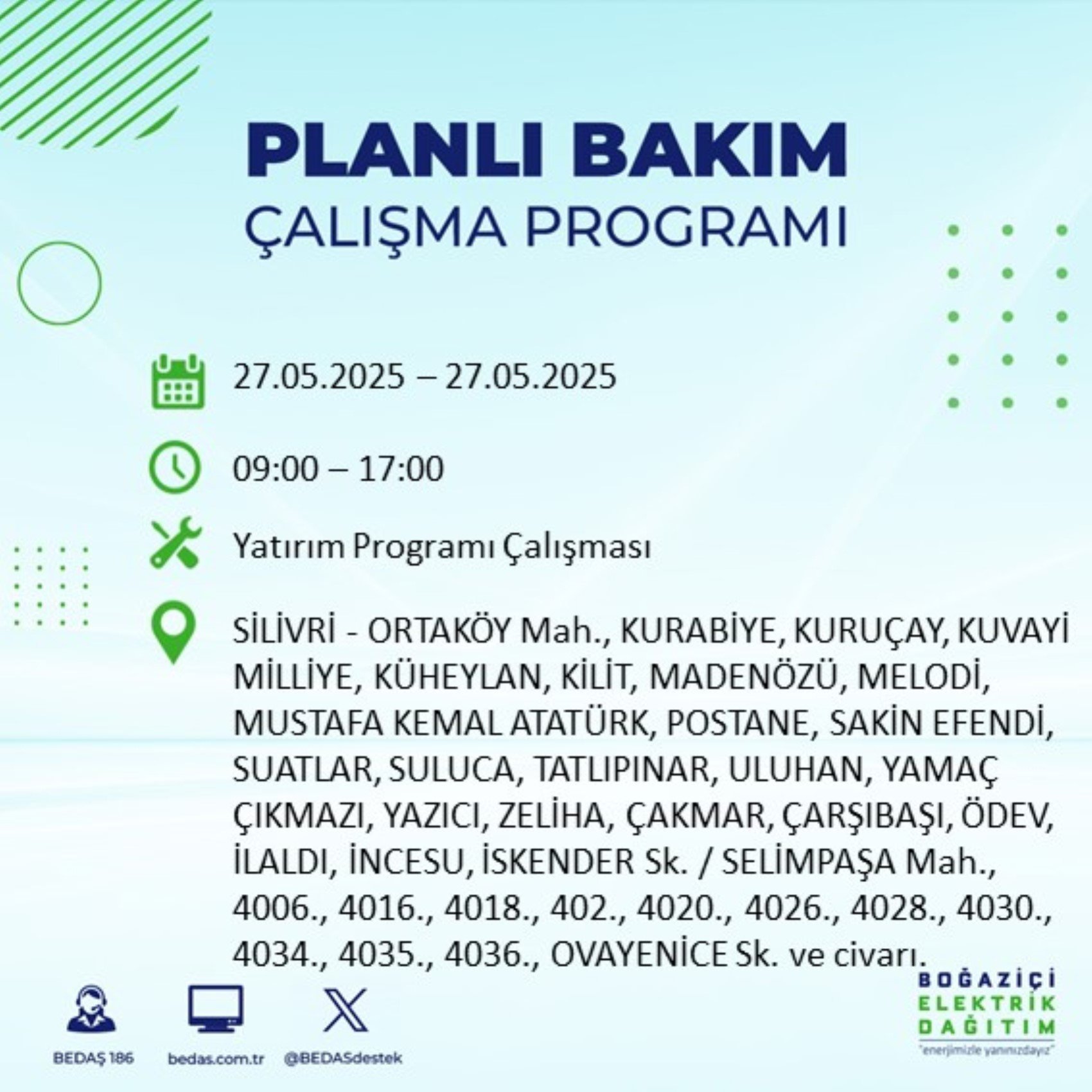 BEDAŞ paylaştı: İstanbul'da 27 Mayıs Salı günü elektrik kesintisi yaşanacak ilçeler