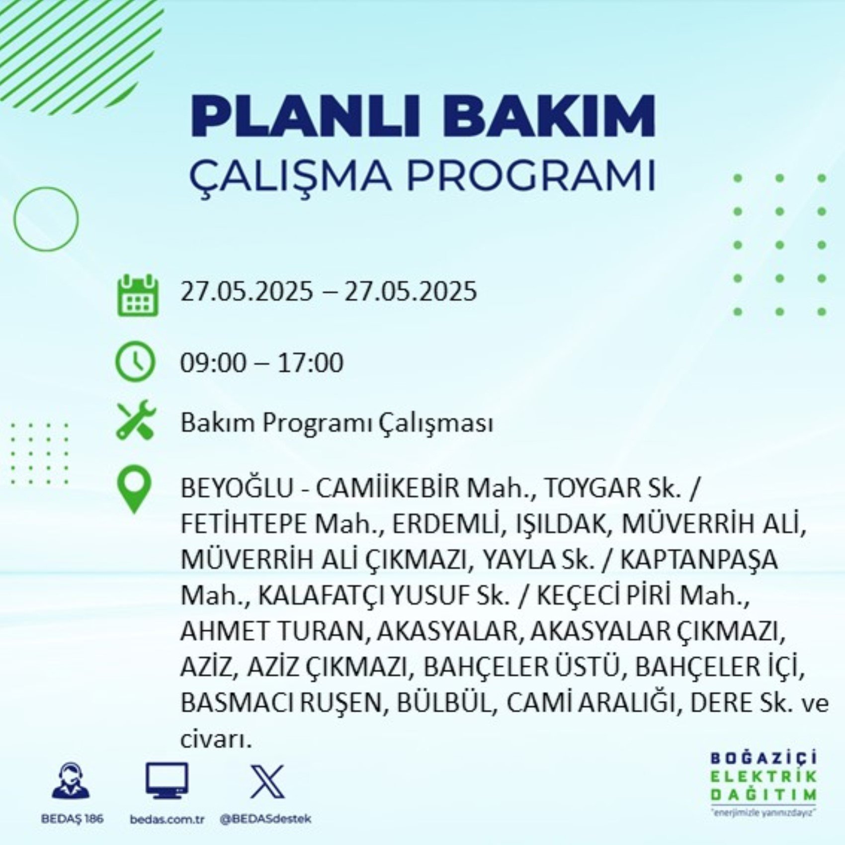 BEDAŞ paylaştı: İstanbul'da 27 Mayıs Salı günü elektrik kesintisi yaşanacak ilçeler
