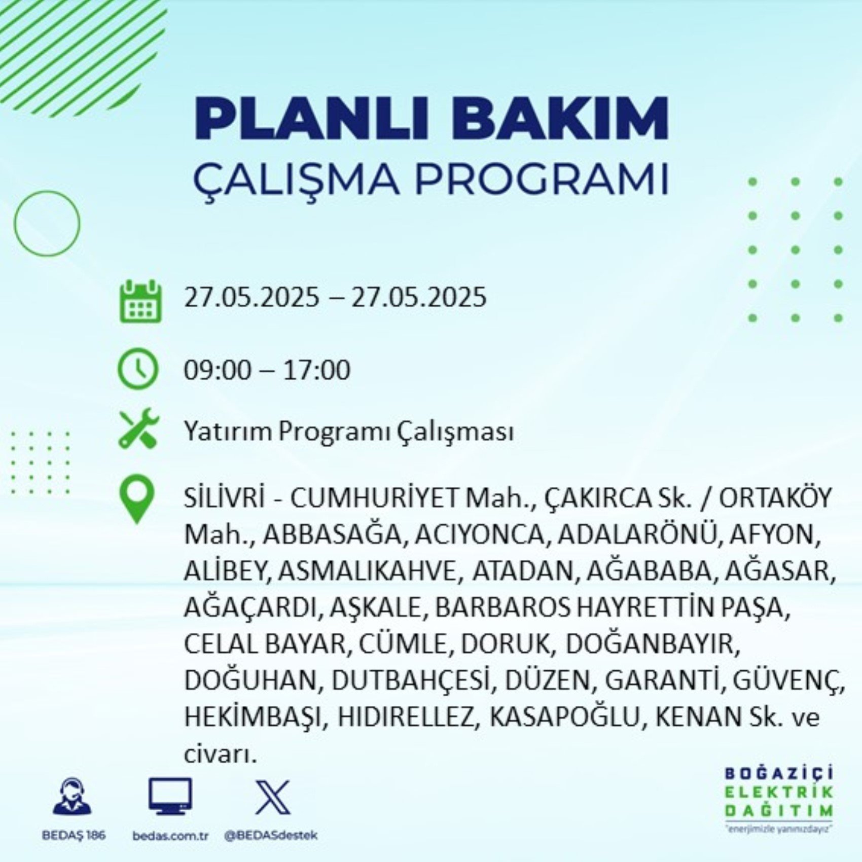 BEDAŞ paylaştı: İstanbul'da 27 Mayıs Salı günü elektrik kesintisi yaşanacak ilçeler
