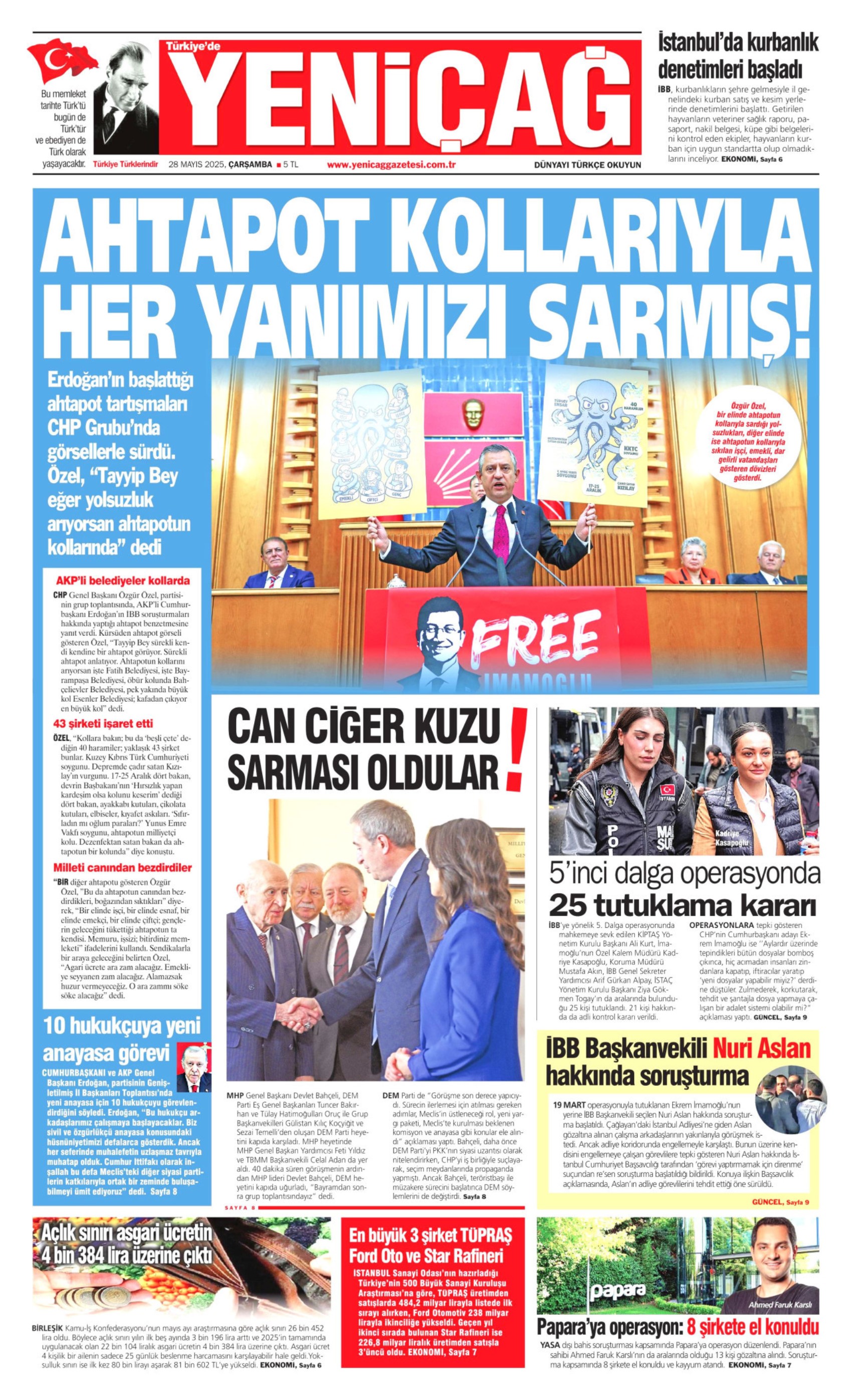 28 Mayıs 2025 gazete manşetleri: Özel, Erdoğan'a ahtapotu gösterdi, gazeteler nasıl gördü?