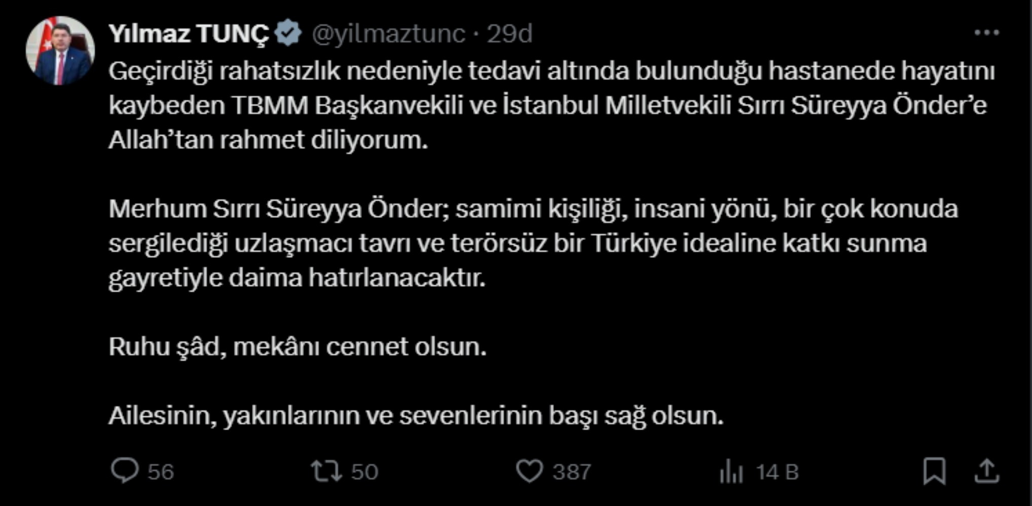 Sırrı Süreyya Önder için taziye mesajları