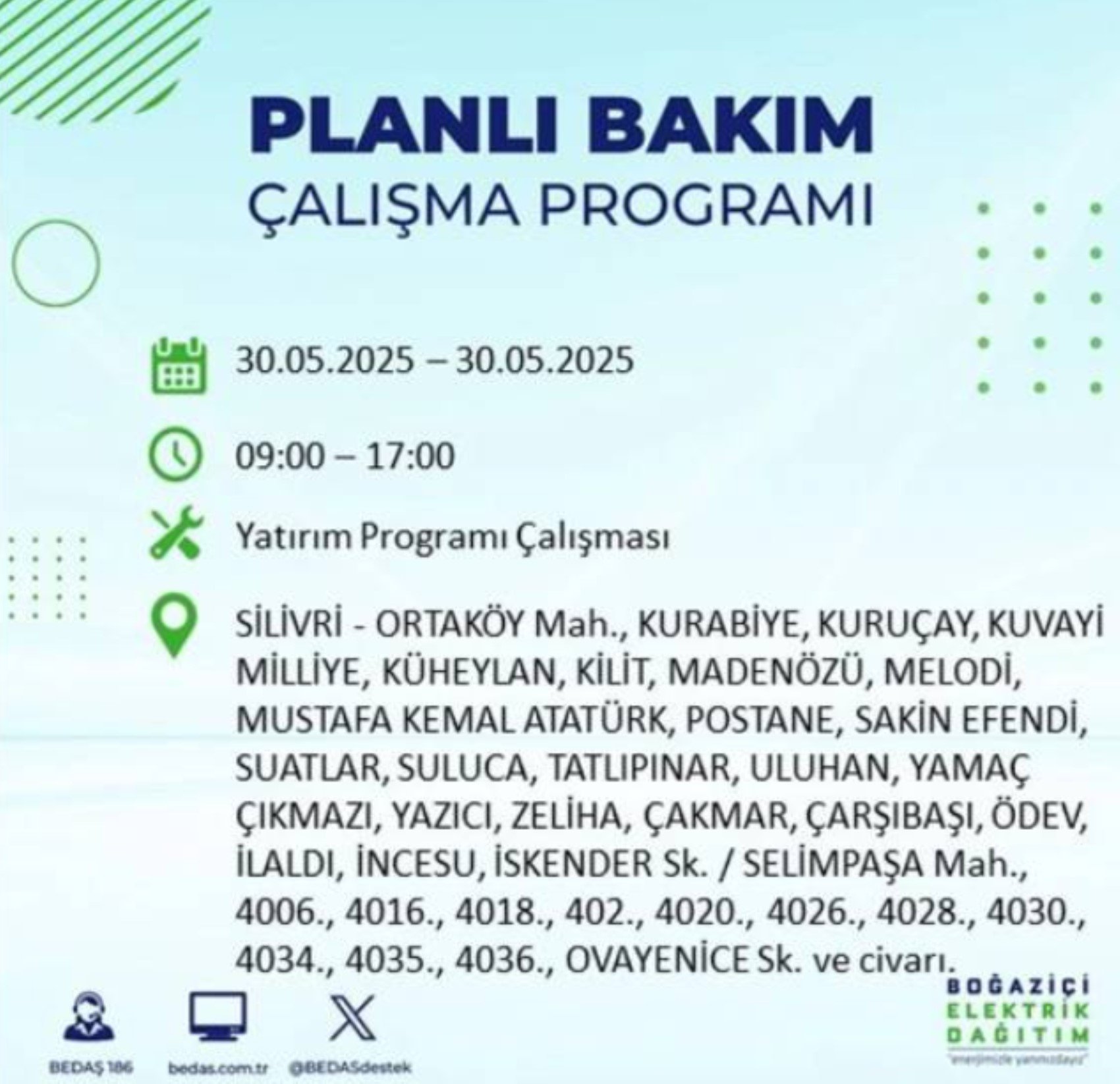 BEDAŞ paylaştı: İstanbul'da 30 Mayıs Cuma günü elektrik kesintisi yaşanacak ilçeler