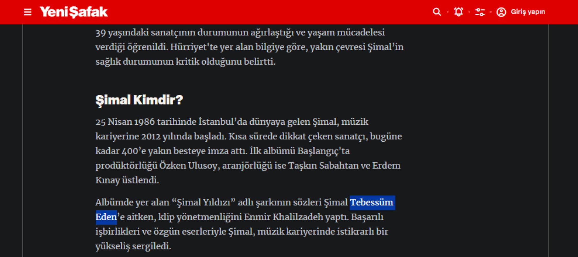 Şarkıcı Şimal'in soyadı sansürü! Yeni Şafak, 'Gülen' soyadını haberden çıkardı