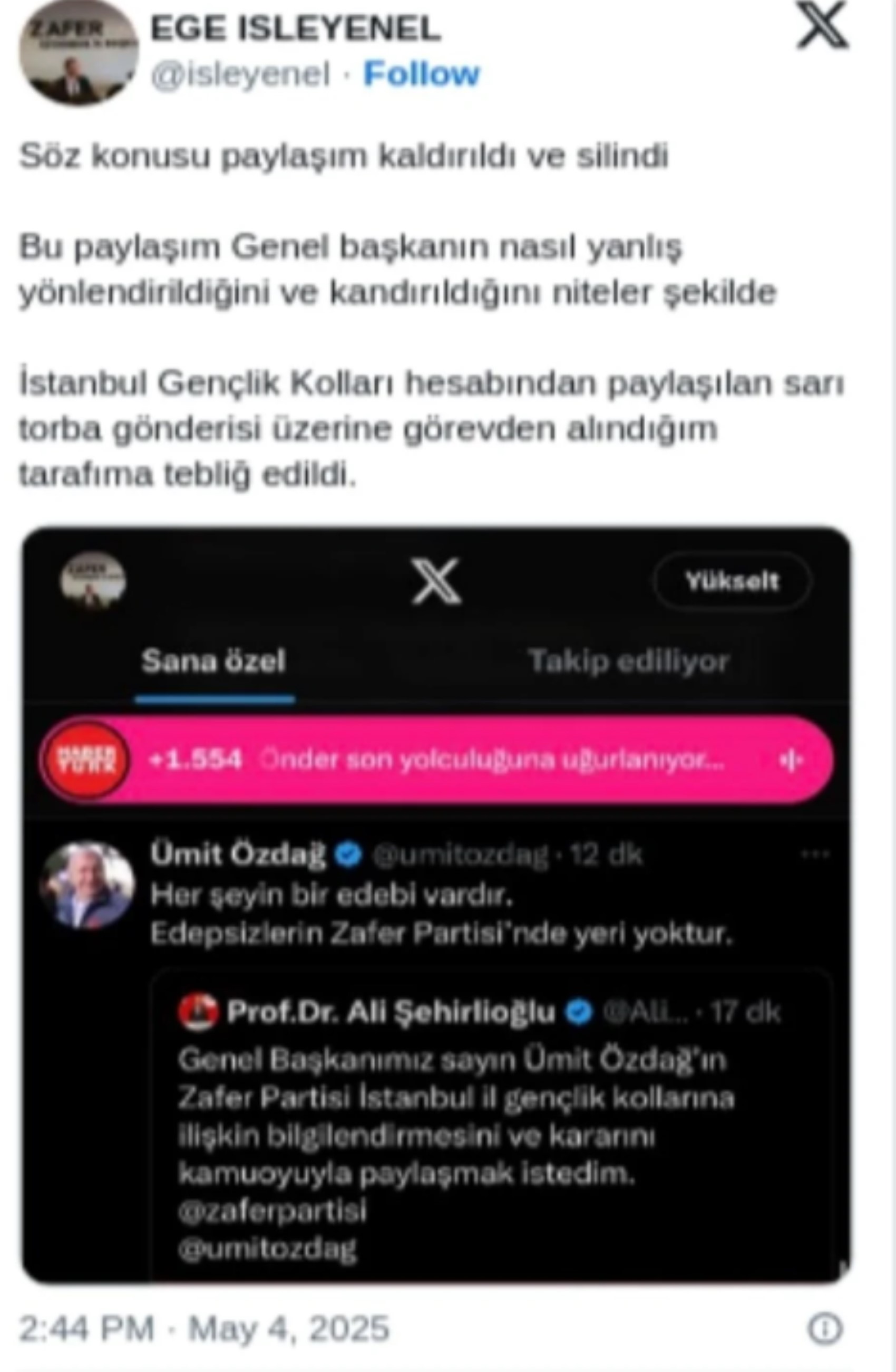 Zafer Partili isimden 'Sarı torba' paylaşımı! Ümit Özdağ'dan açıklama geldi: 'Edepsizlerin partimizde yeri yoktur'