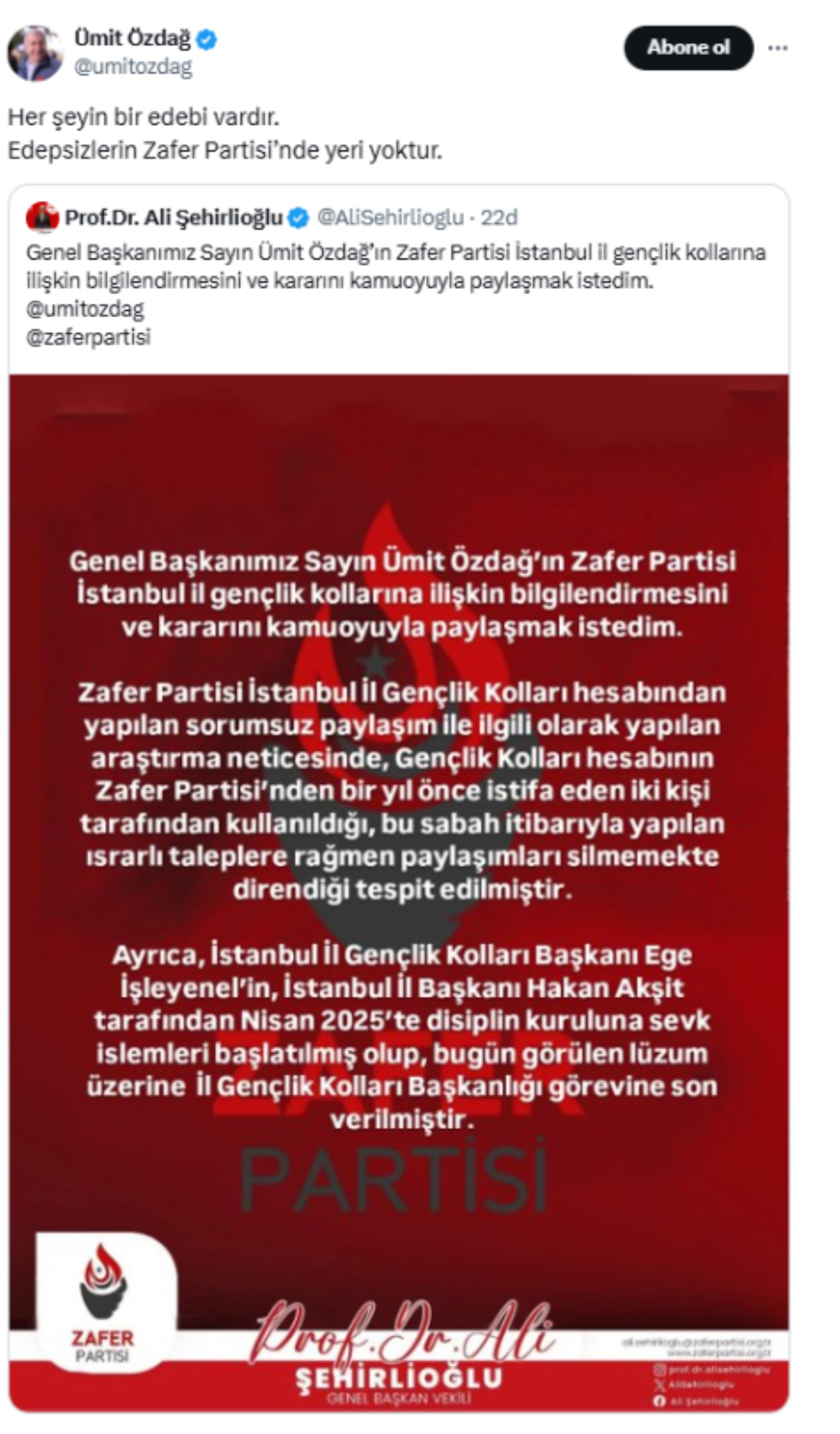 Zafer Partili isimden 'Sarı torba' paylaşımı! Ümit Özdağ'dan açıklama geldi: 'Edepsizlerin partimizde yeri yoktur'