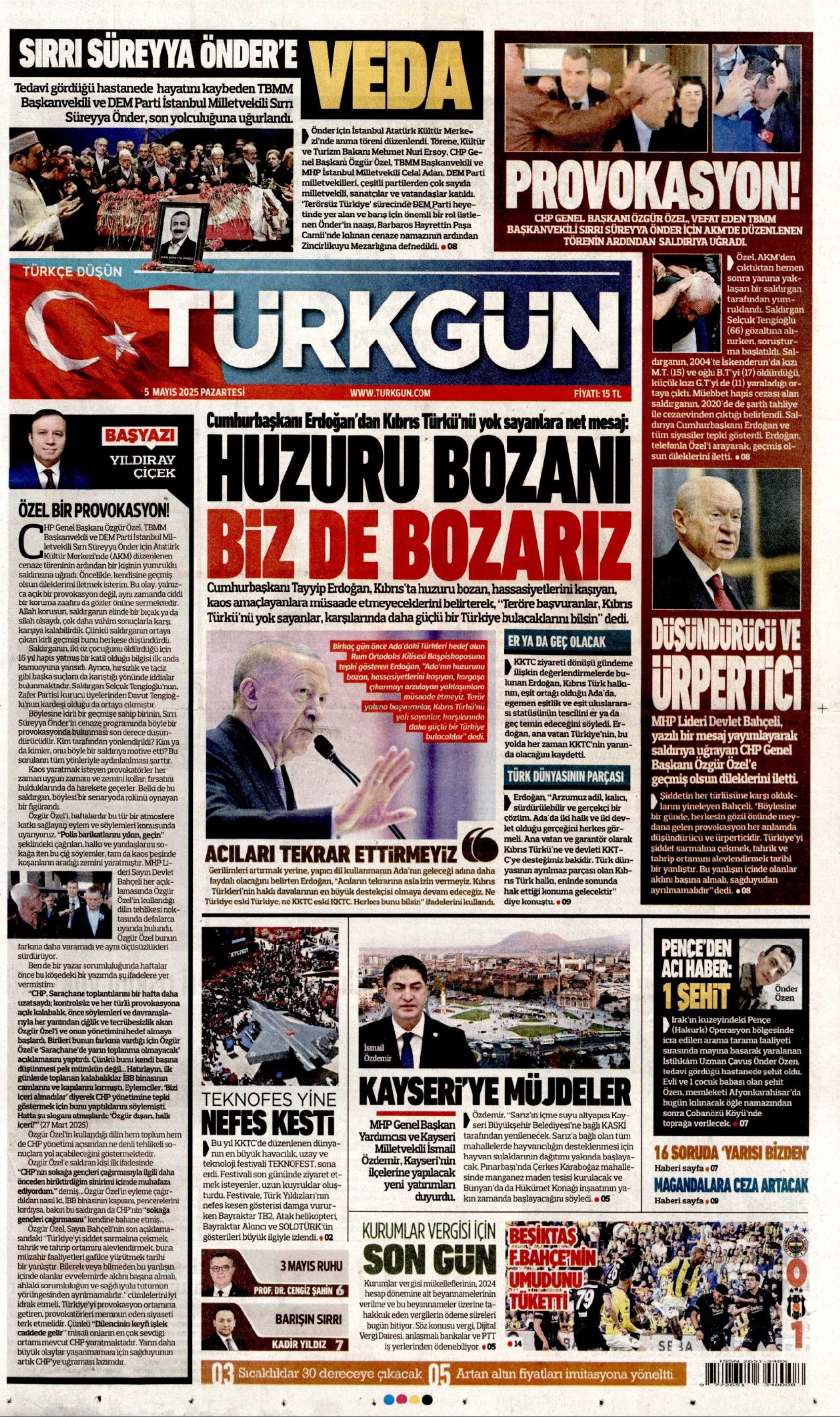 5 Mayıs 2025 gazete manşetleri: Gazeteler Özgür Özel'e yapılan çirkin saldırıyı nasıl gördü? Gerici Yeni Akit’ten yine skandal!