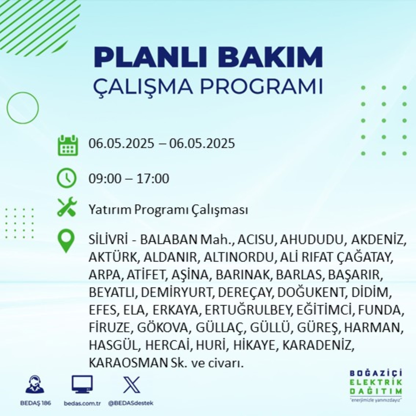 BEDAŞ paylaştı: İstanbul'da 6 Mayıs Salı günü elektrik kesintisi yaşanacak ilçeler