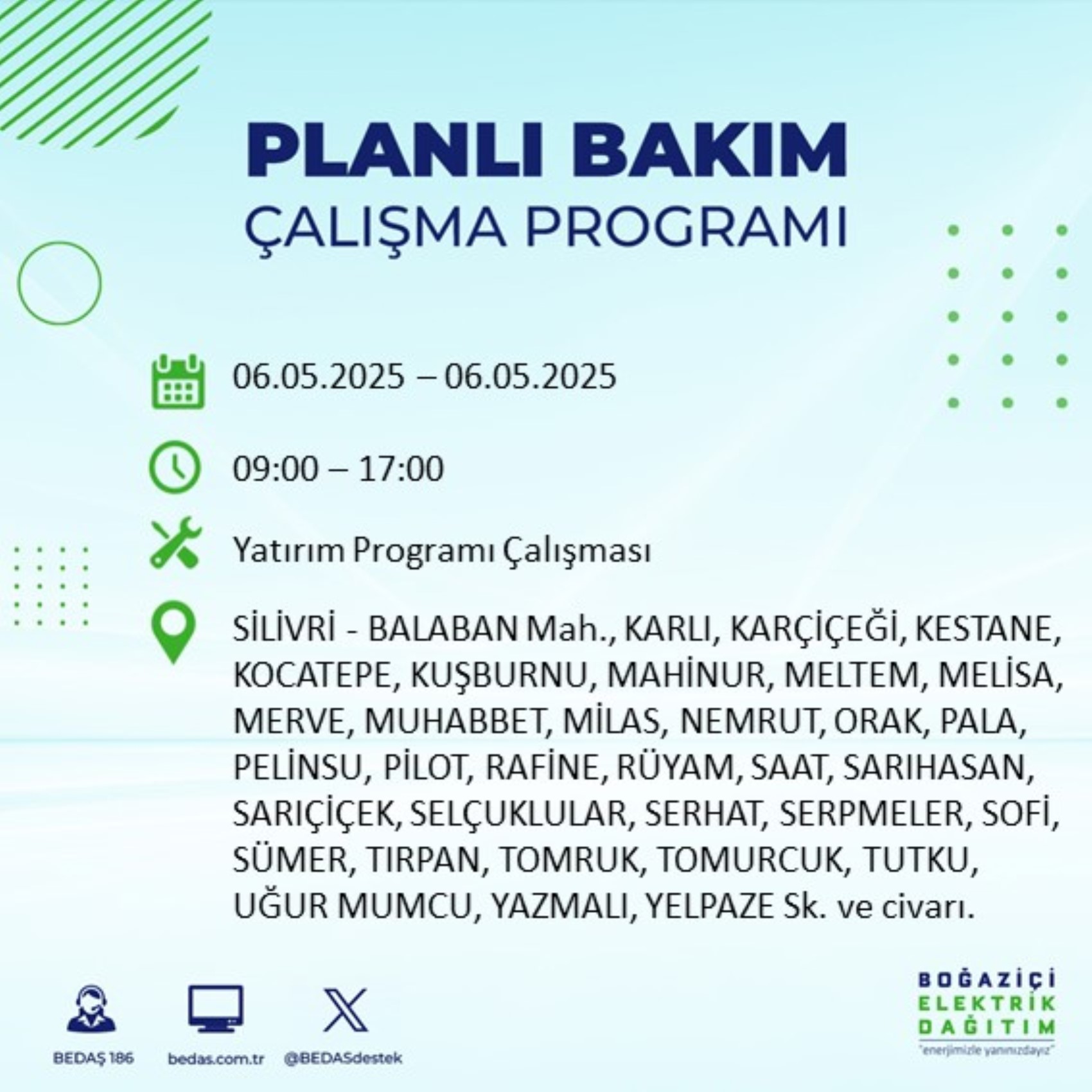 BEDAŞ paylaştı: İstanbul'da 6 Mayıs Salı günü elektrik kesintisi yaşanacak ilçeler