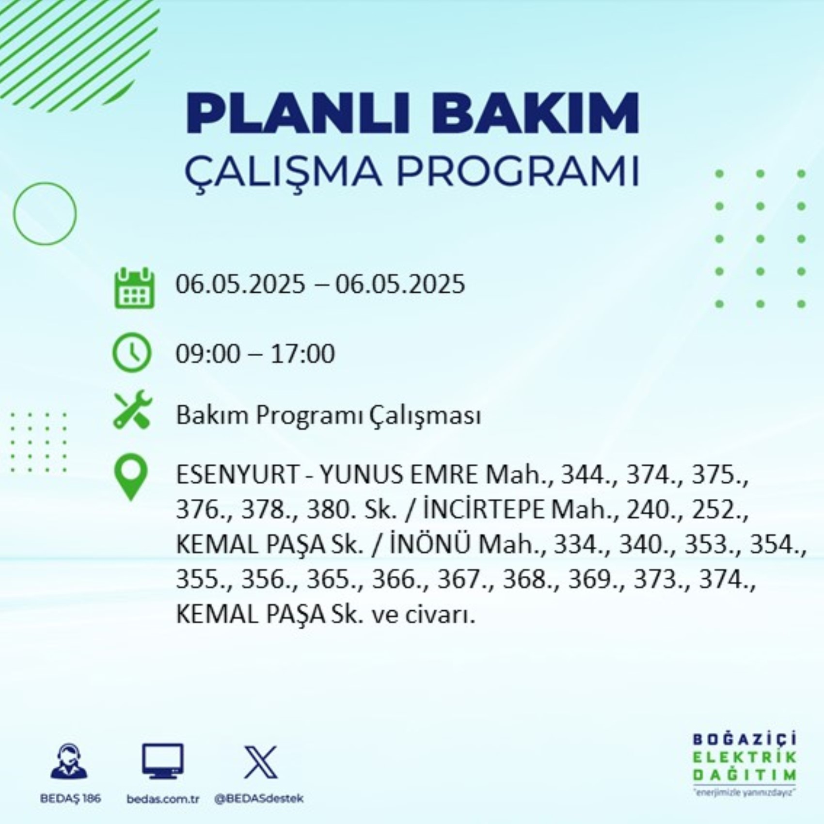 BEDAŞ paylaştı: İstanbul'da 6 Mayıs Salı günü elektrik kesintisi yaşanacak ilçeler