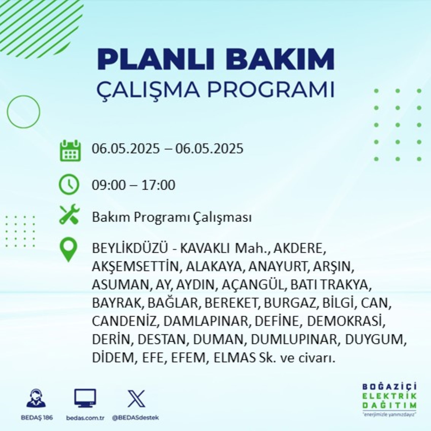 BEDAŞ paylaştı: İstanbul'da 6 Mayıs Salı günü elektrik kesintisi yaşanacak ilçeler