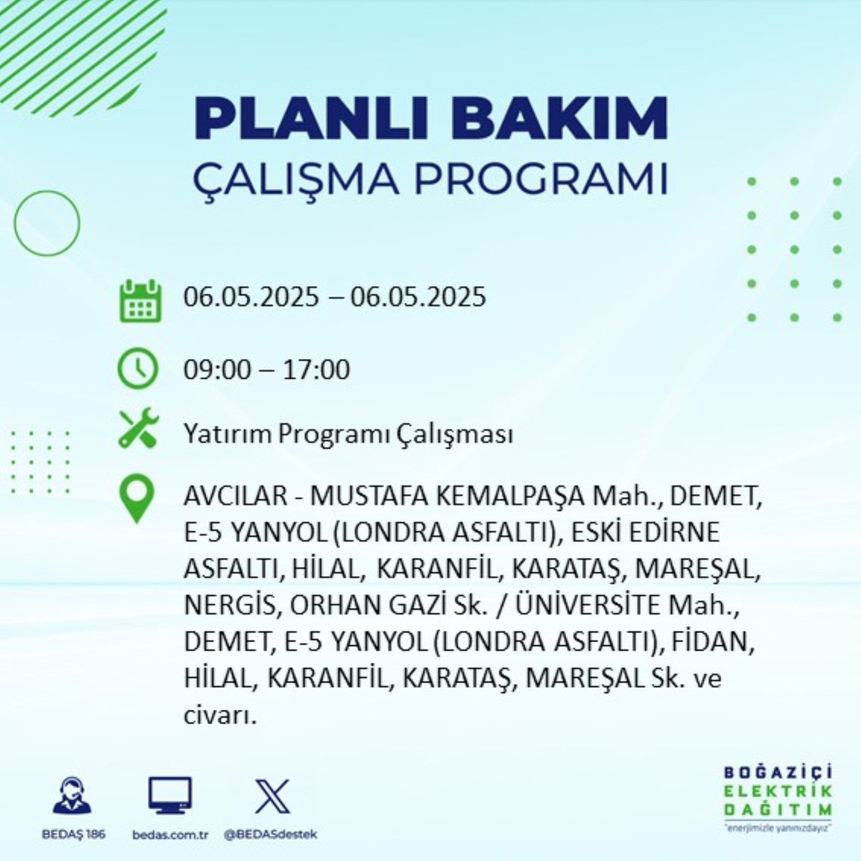 BEDAŞ paylaştı: İstanbul'da 6 Mayıs Salı günü elektrik kesintisi yaşanacak ilçeler
