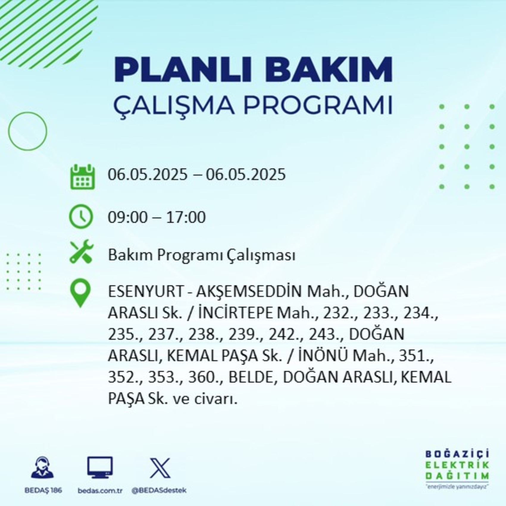 BEDAŞ paylaştı: İstanbul'da 6 Mayıs Salı günü elektrik kesintisi yaşanacak ilçeler