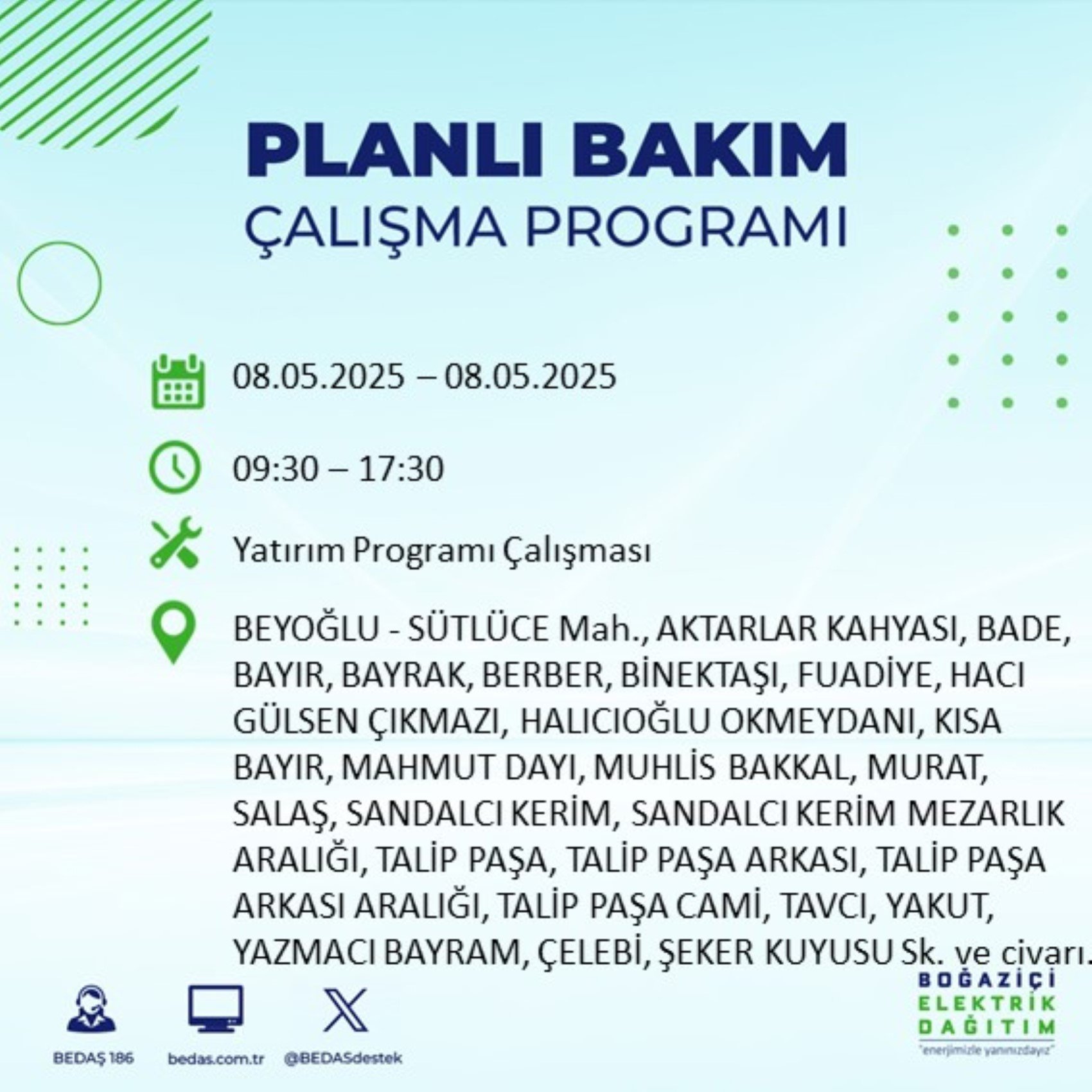 BEDAŞ paylaştı: İstanbul'da 8 Mayıs Perşembe günü elektrik kesintisi yaşanacak ilçeler
