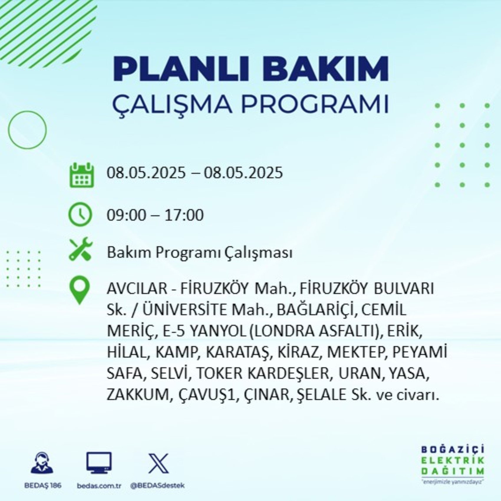 BEDAŞ paylaştı: İstanbul'da 8 Mayıs Perşembe günü elektrik kesintisi yaşanacak ilçeler