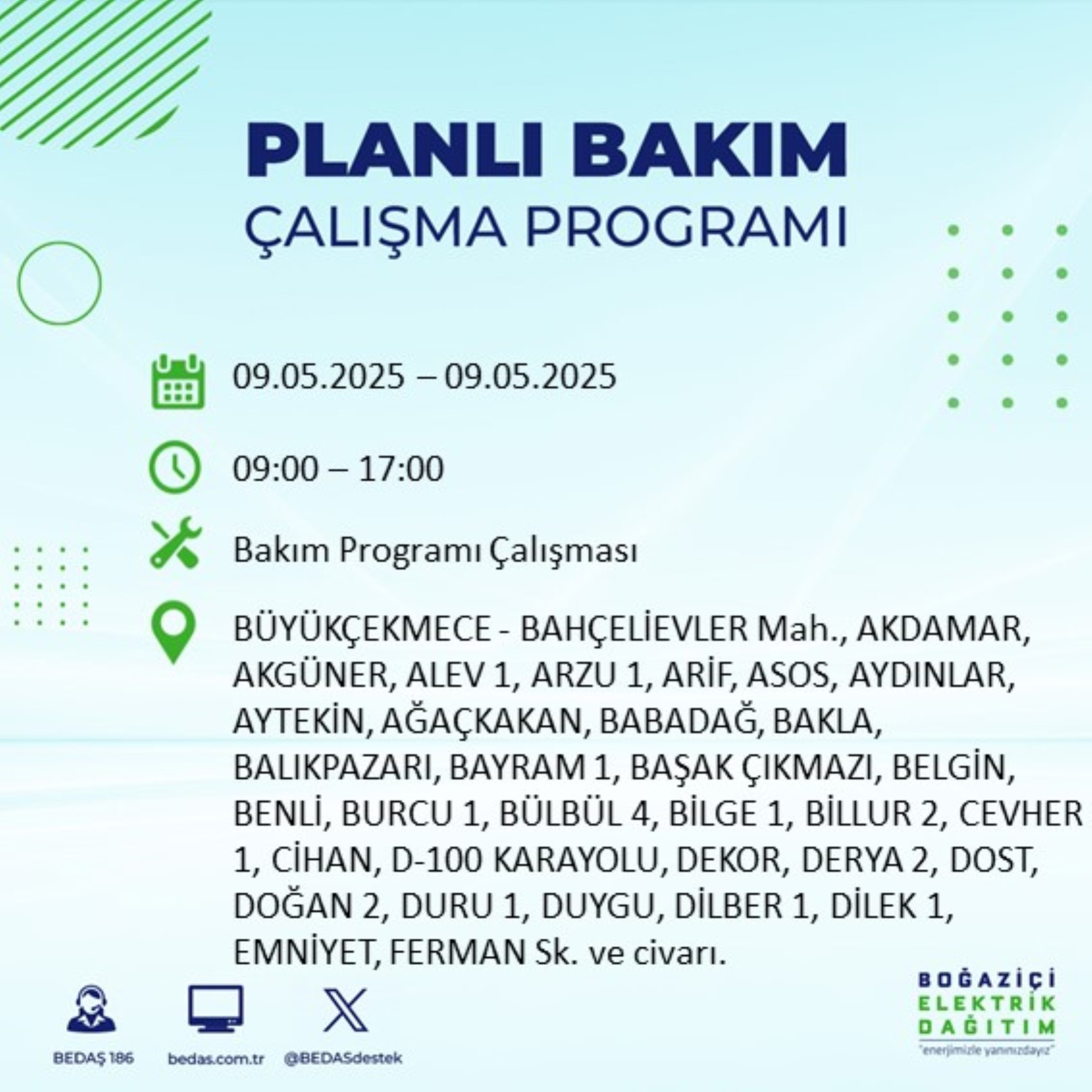 BEDAŞ paylaştı: İstanbul'da 9 Mayıs Cuma günü elektrik kesintisi yaşanacak ilçeler