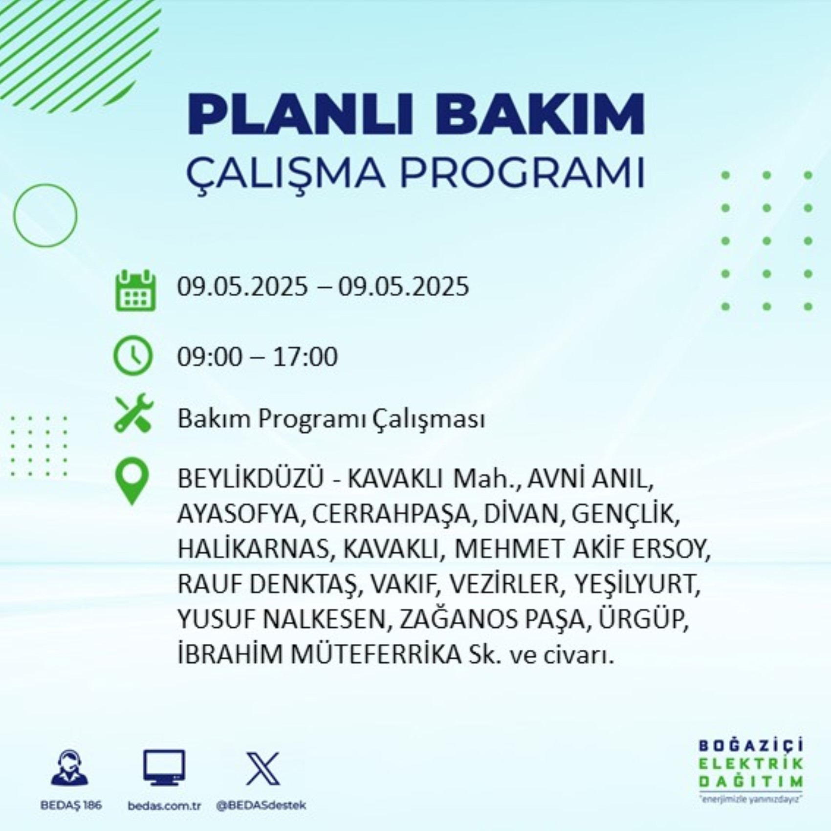 BEDAŞ paylaştı: İstanbul'da 9 Mayıs Cuma günü elektrik kesintisi yaşanacak ilçeler