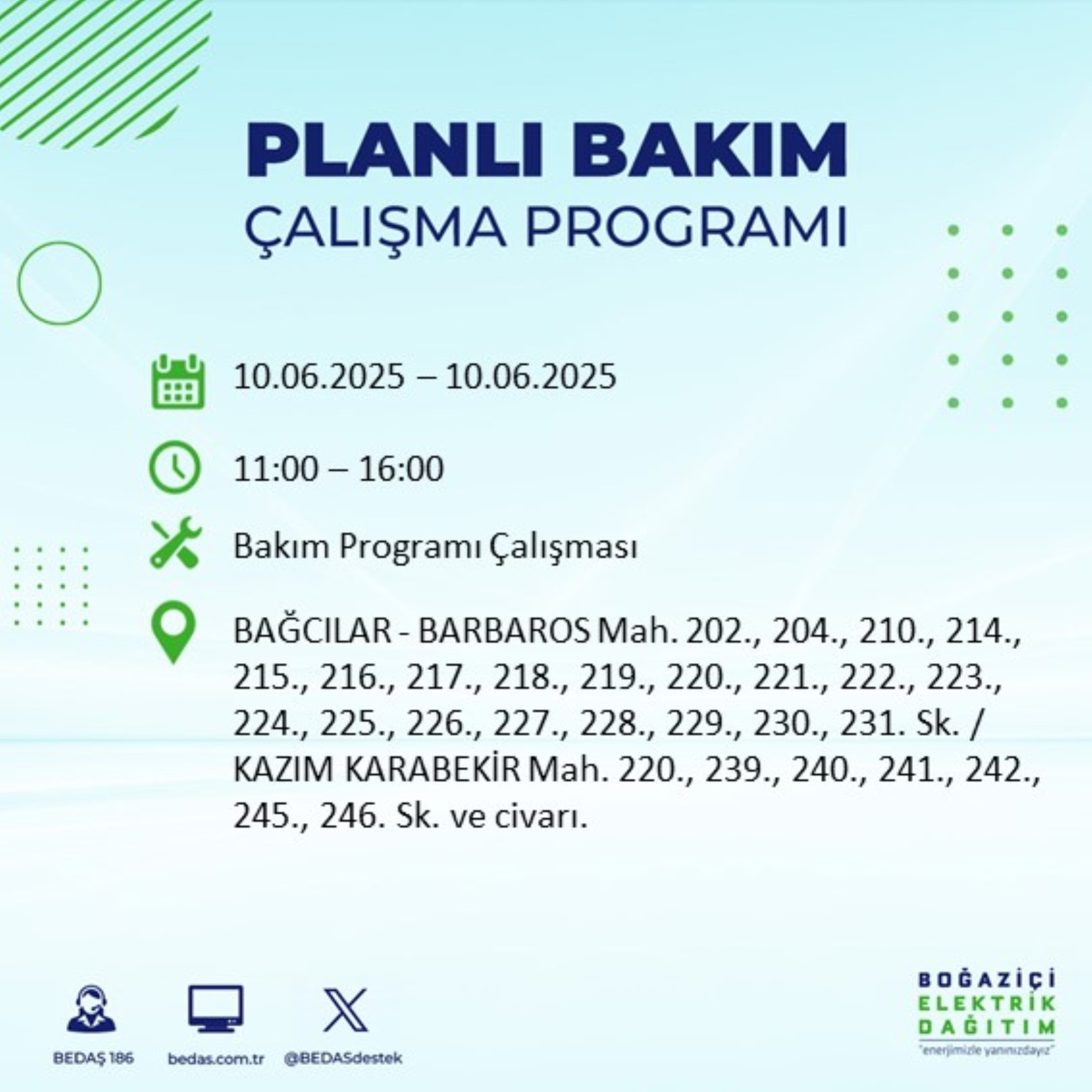 BEDAŞ paylaştı: İstanbul'da 10 Haziran Salı günü elektrik kesintisi yaşanacak ilçeler