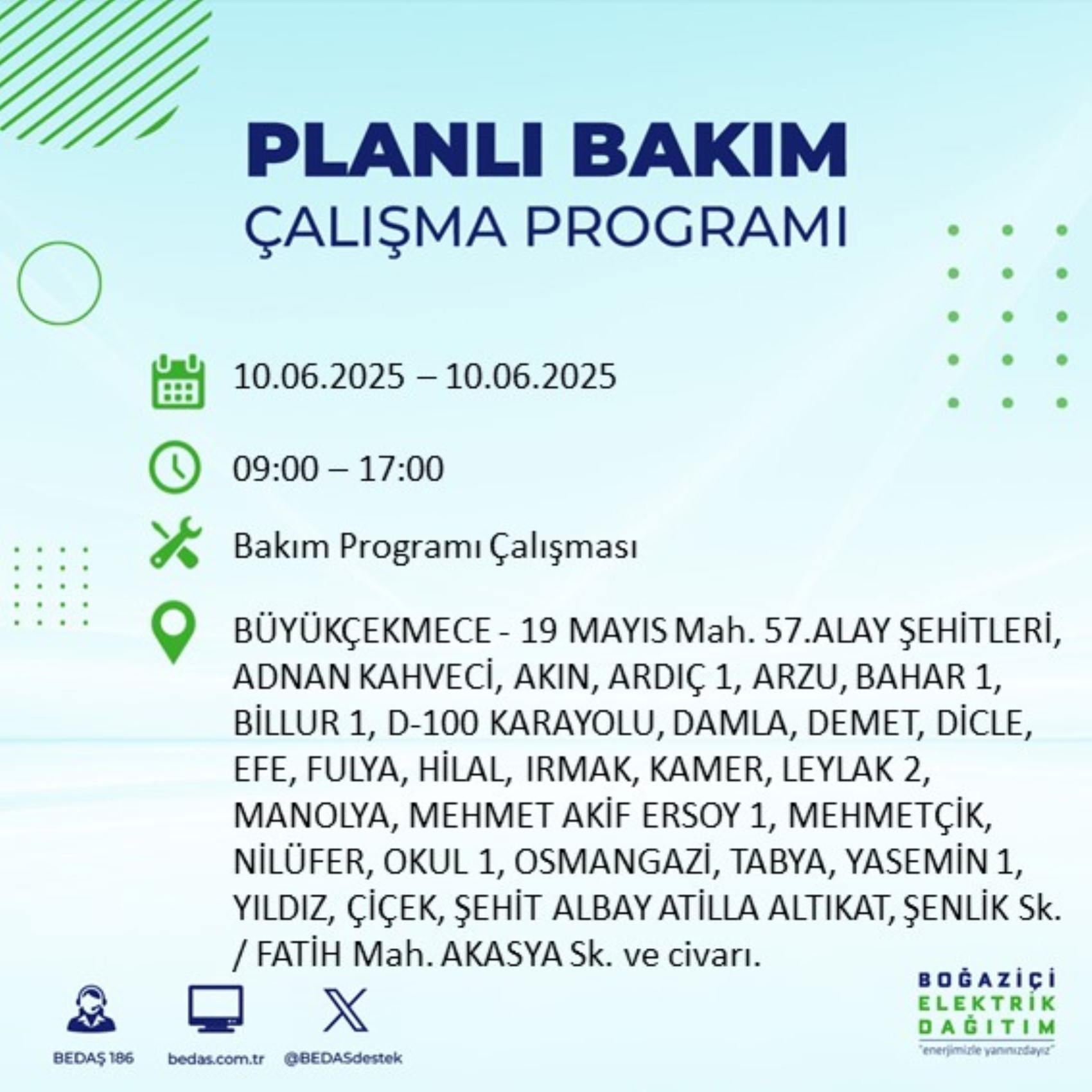 BEDAŞ paylaştı: İstanbul'da 10 Haziran Salı günü elektrik kesintisi yaşanacak ilçeler