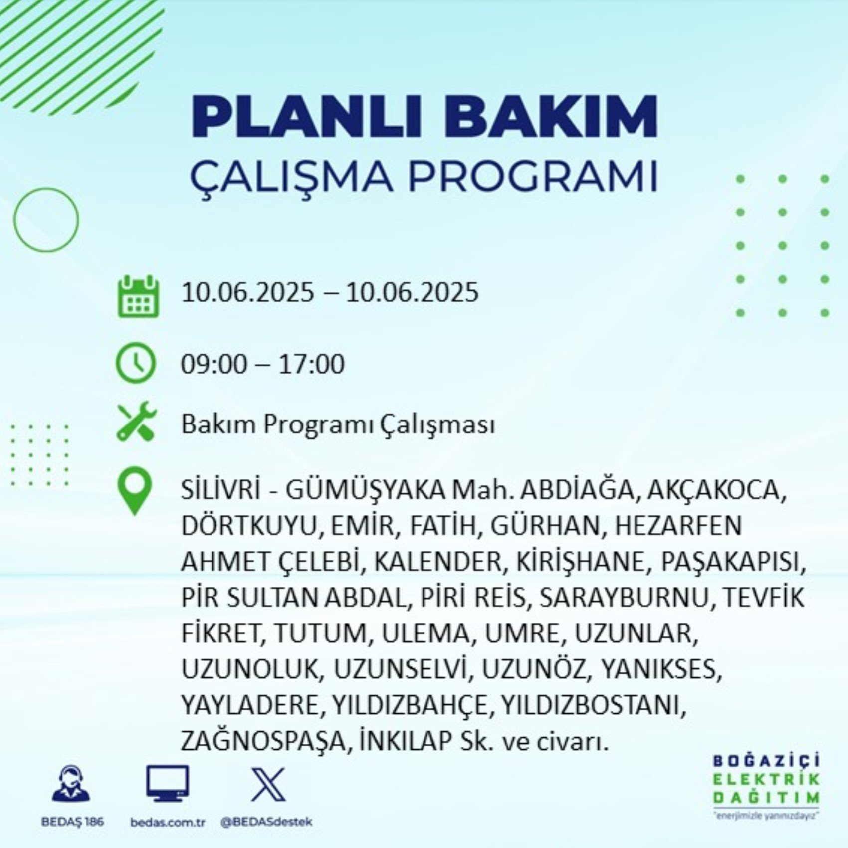 BEDAŞ paylaştı: İstanbul'da 10 Haziran Salı günü elektrik kesintisi yaşanacak ilçeler