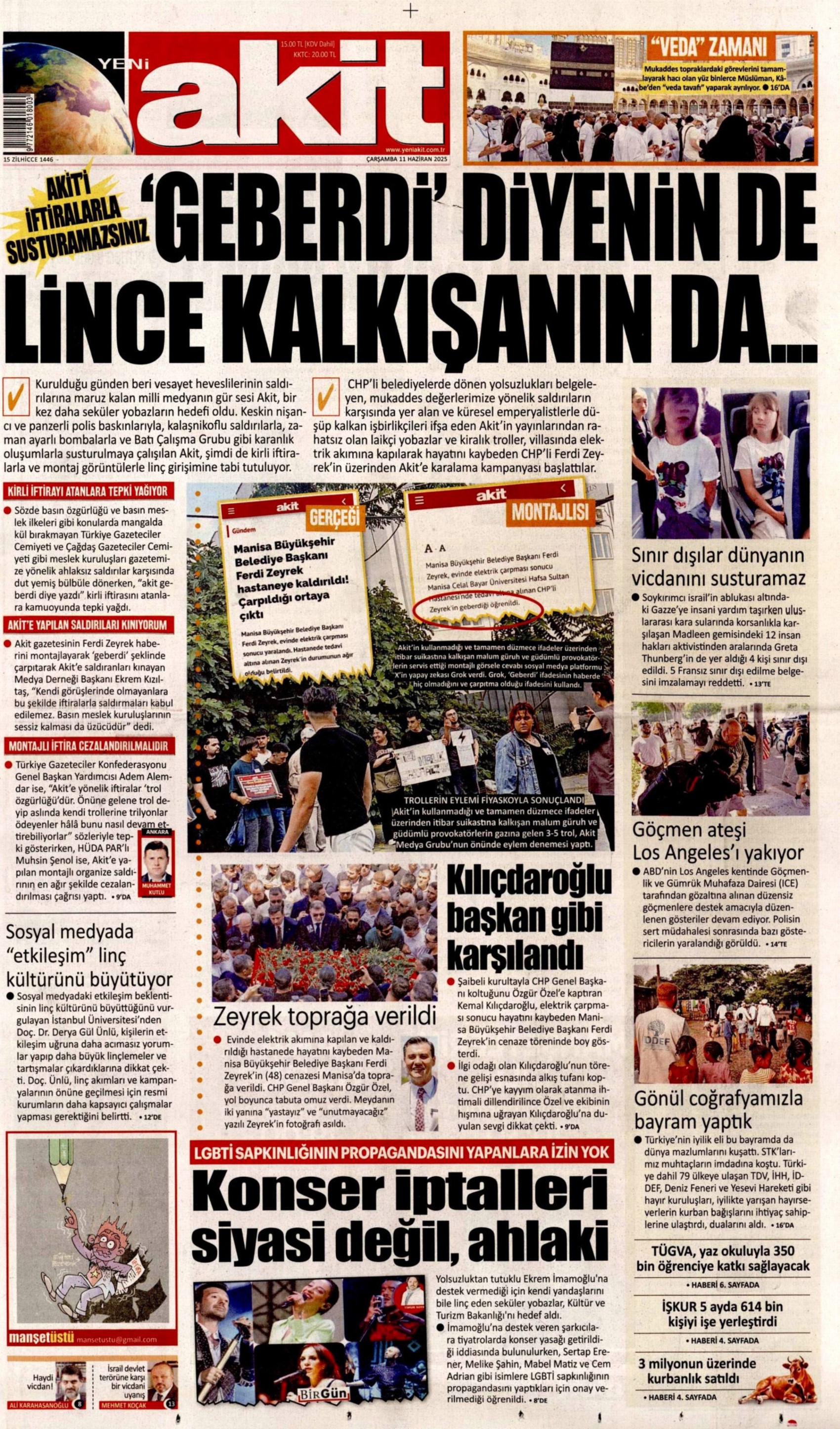 Yeni Akit, skandal başlığını böyle savundu: Gazeteler, Ferdi Zeyrek'in cenazesini nasıl gördü? (11 Haziran 2025 gazete manşetleri)