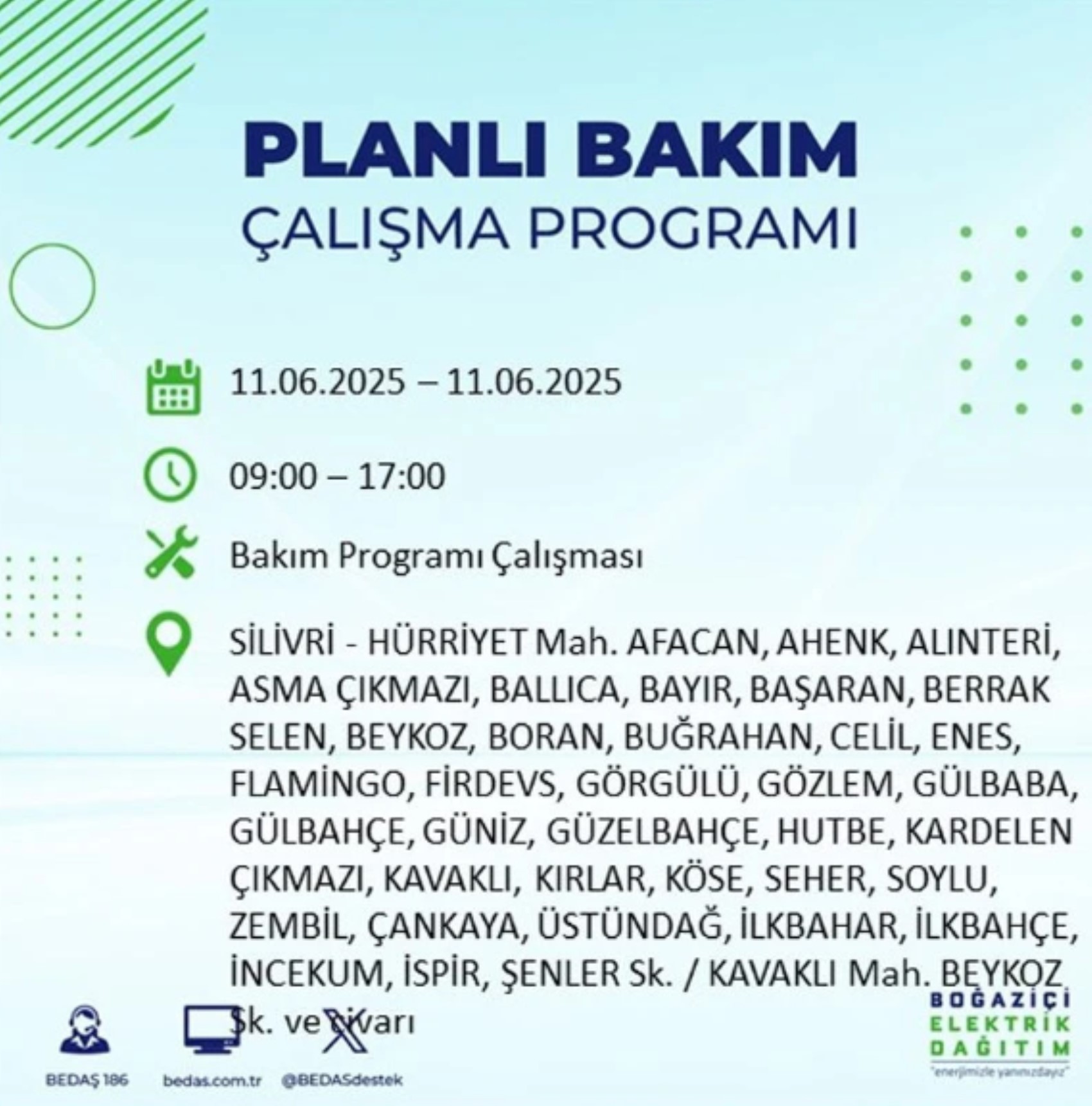 BEDAŞ paylaştı: İstanbul'da 11 Haziran Çarşamba günü elektrik kesintisi yaşanacak ilçeler