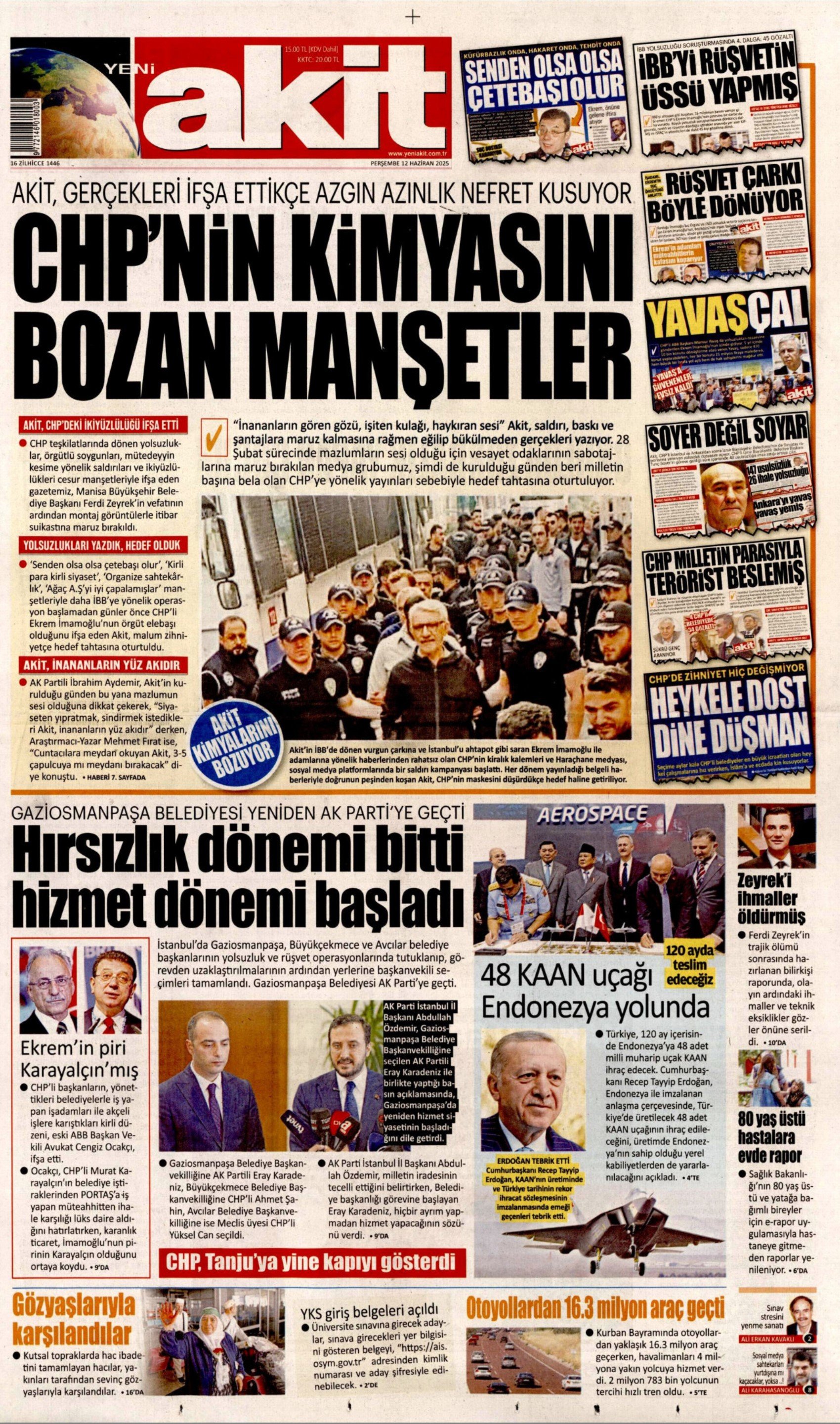 12 Haziran 2025 gazete manşetleri: Gazeteler, Gaziosmanpaşa Belediyesi'nin AKP'ye geçmesini nasıl gördü?