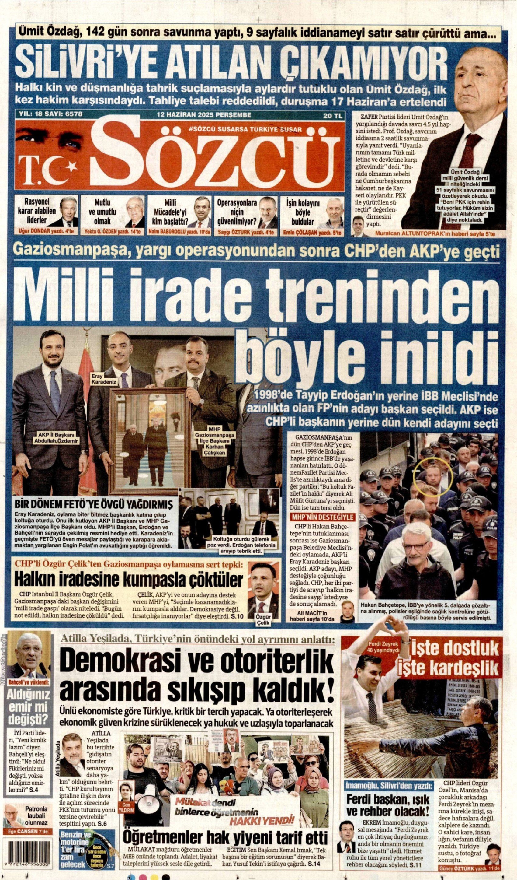 12 Haziran 2025 gazete manşetleri: Gazeteler, Gaziosmanpaşa Belediyesi'nin AKP'ye geçmesini nasıl gördü?