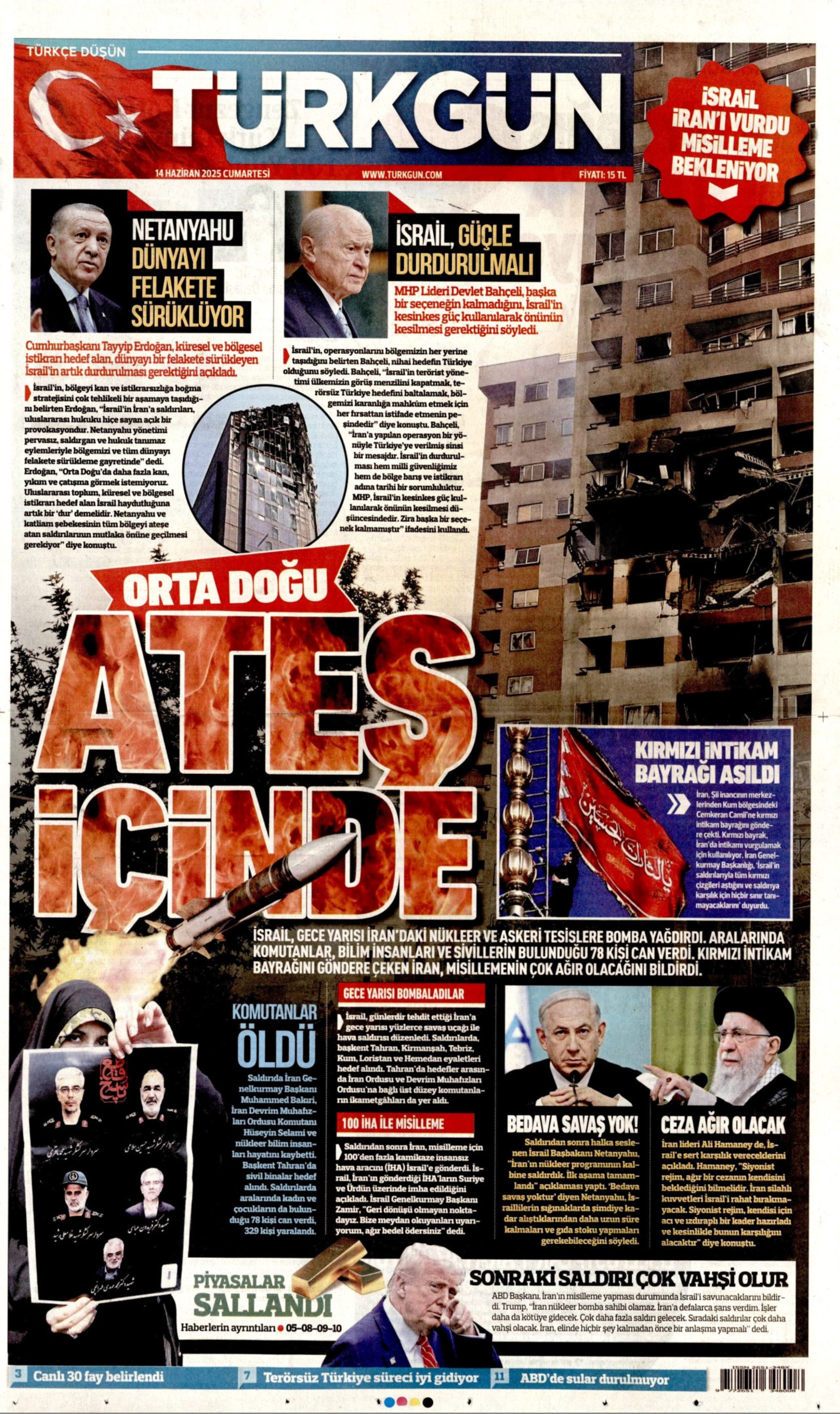 Ortadoğu'da tansiyon yine yükseldi: Gazeteler İsrail'in İran'a saldırılarını nasıl gördü? (14 Haziran 2025 gazete manşetleri)