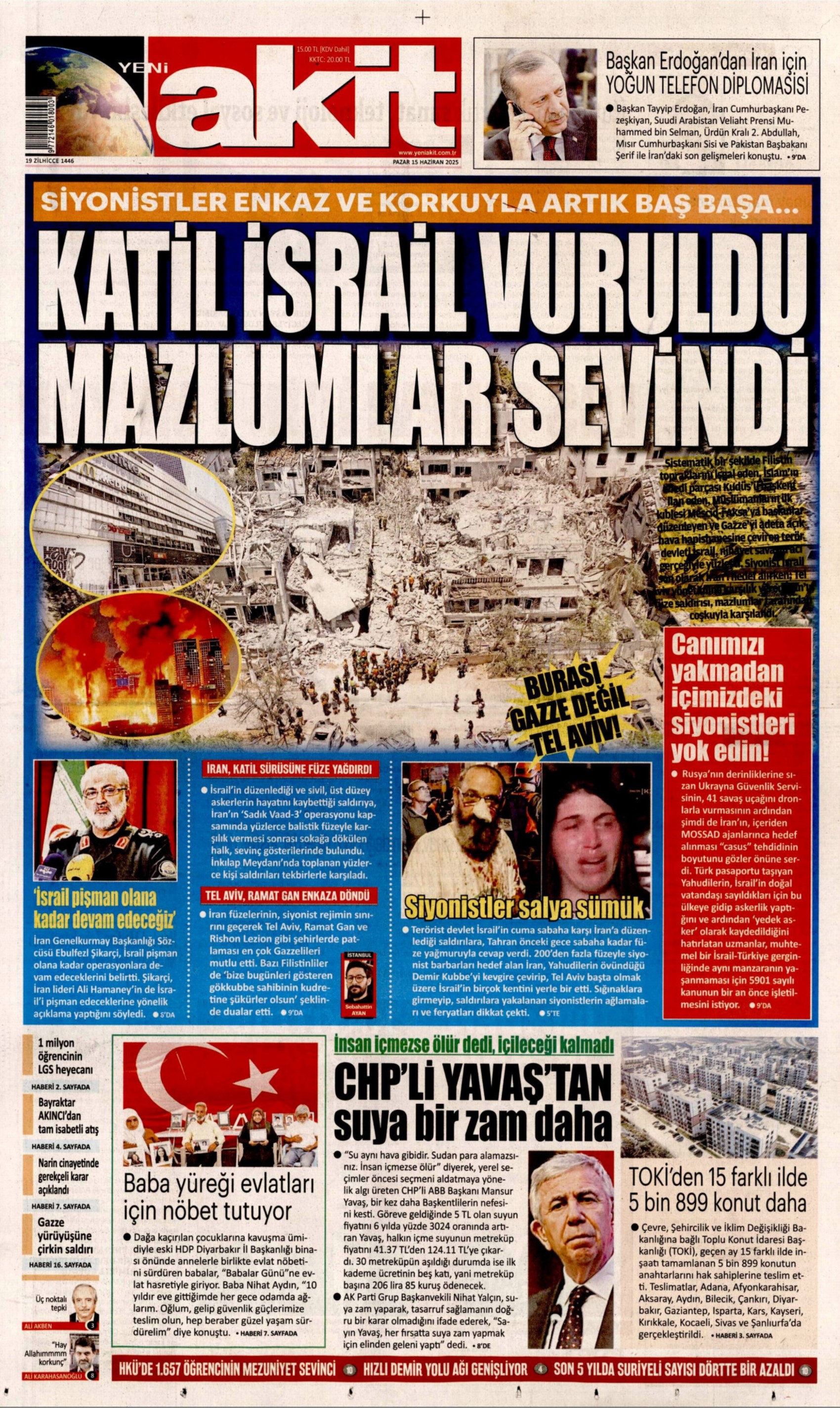 15 Haziran 2025 gazete manşetleri