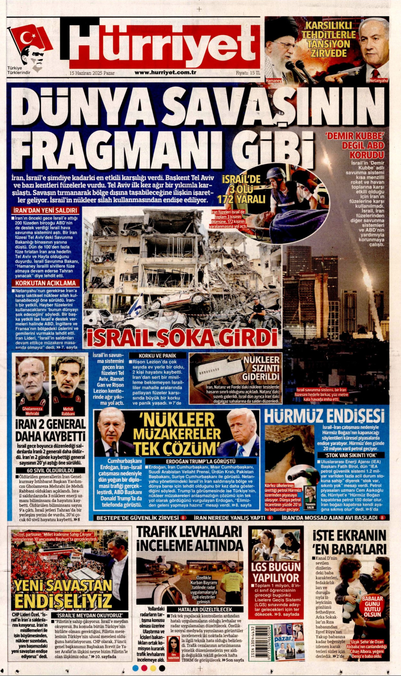 15 Haziran 2025 gazete manşetleri