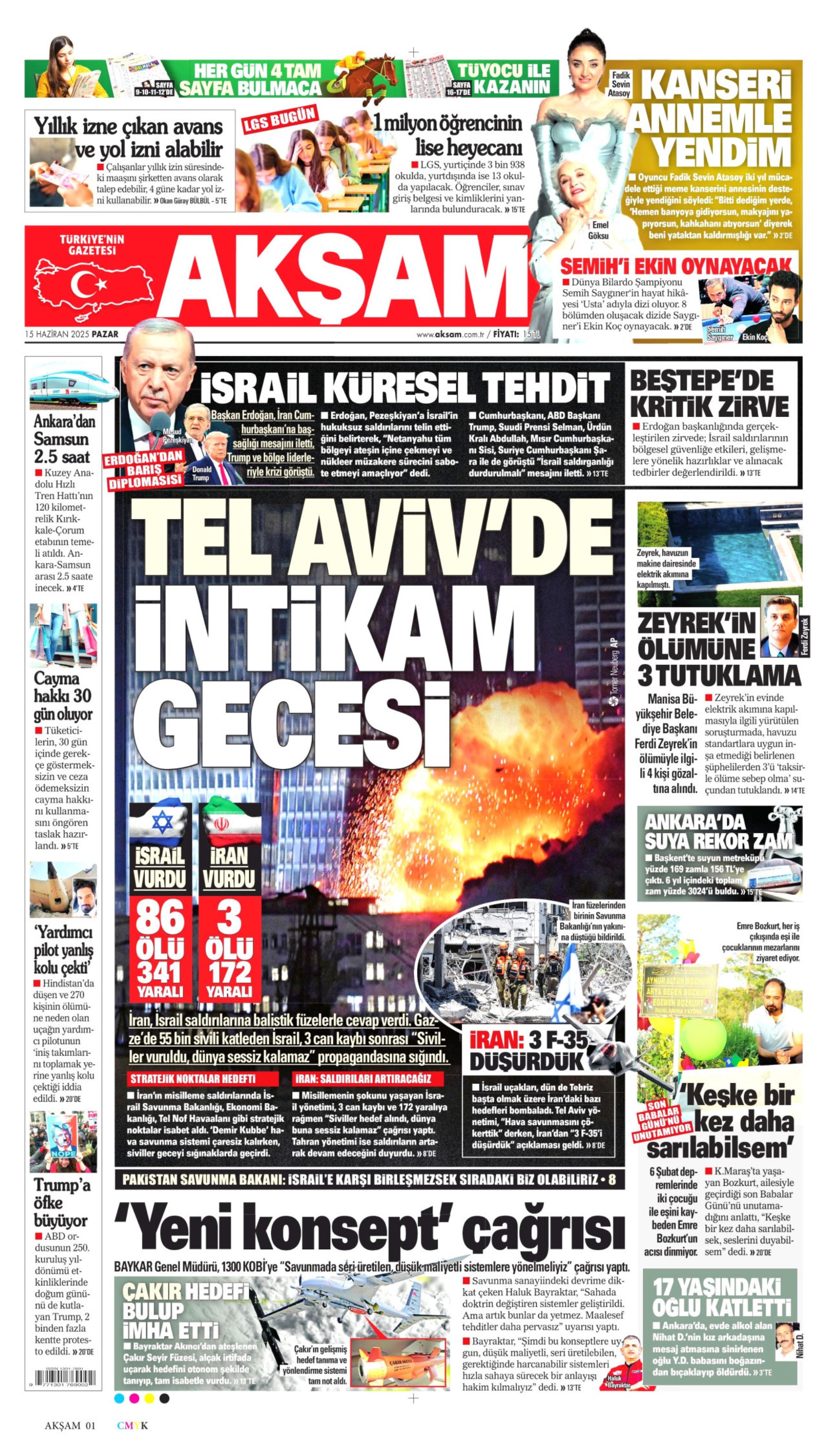 15 Haziran 2025 gazete manşetleri