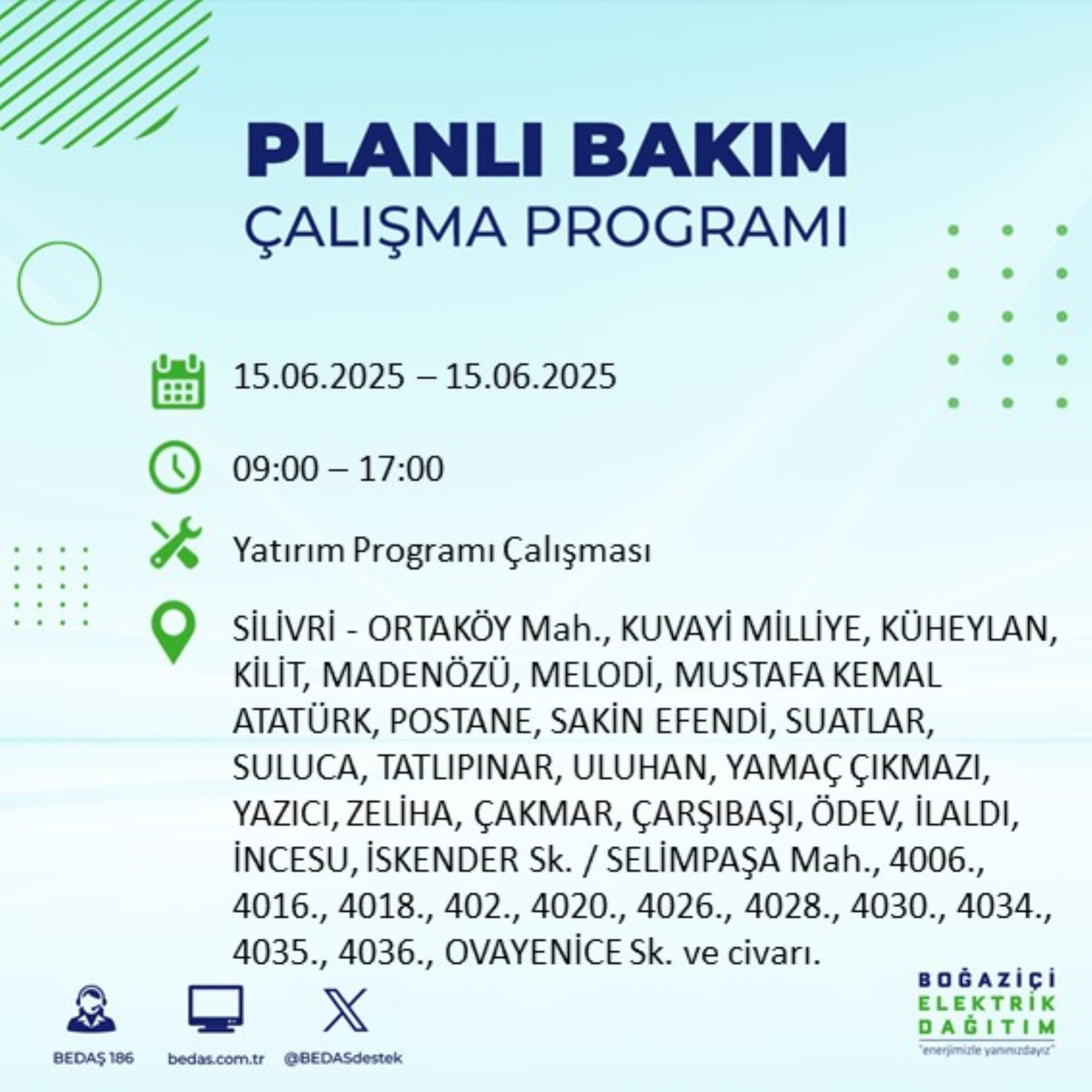 BEDAŞ paylaştı: İstanbul'da 15 Haziran Pazar günü elektrik kesintisi yaşanacak ilçeler