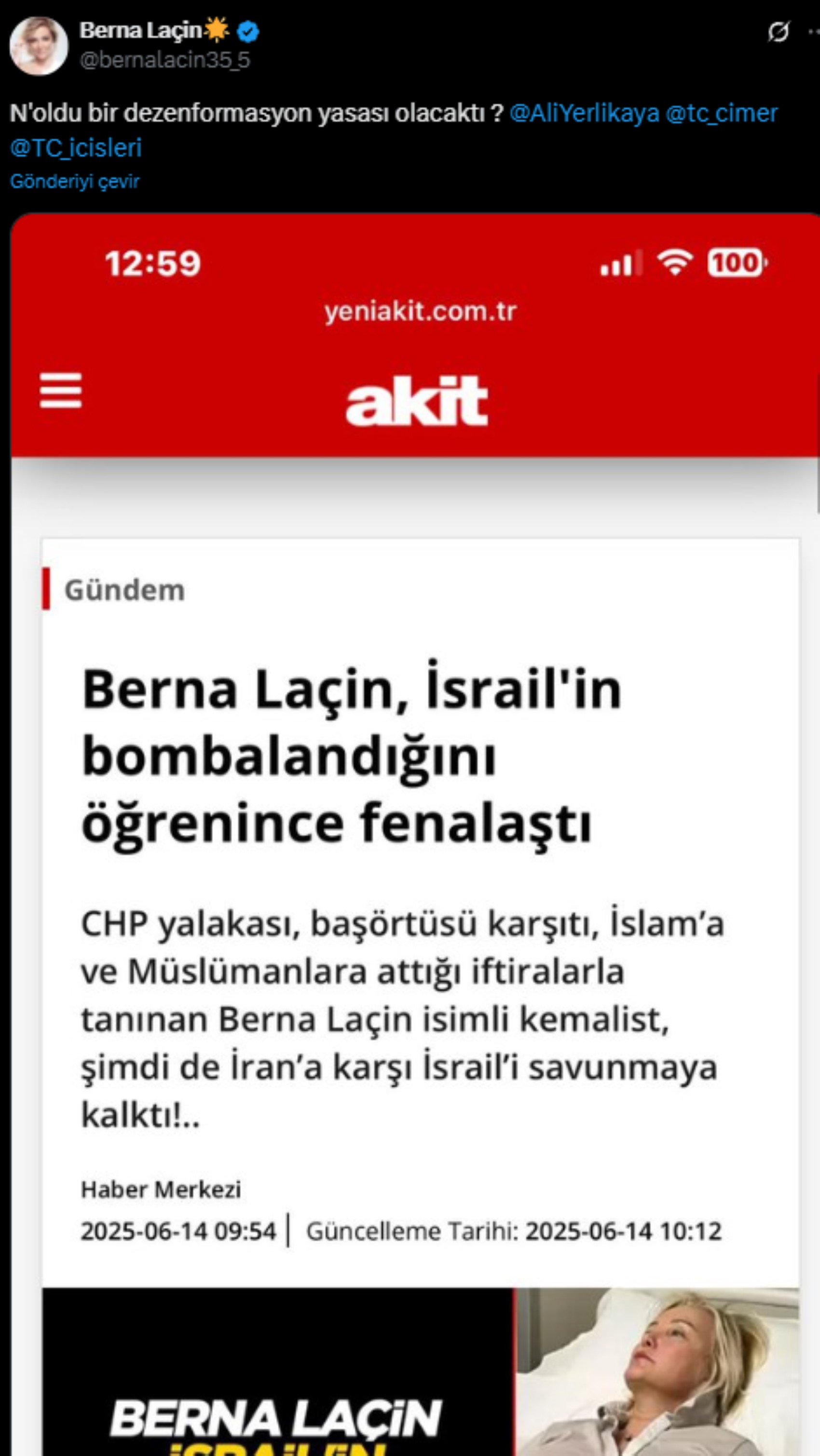 Berna Laçin'den Yeni Akit'in haber başlığına sert tepki! Yerlikaya'ya seslendi: 'Dezenformasyon yasası...'