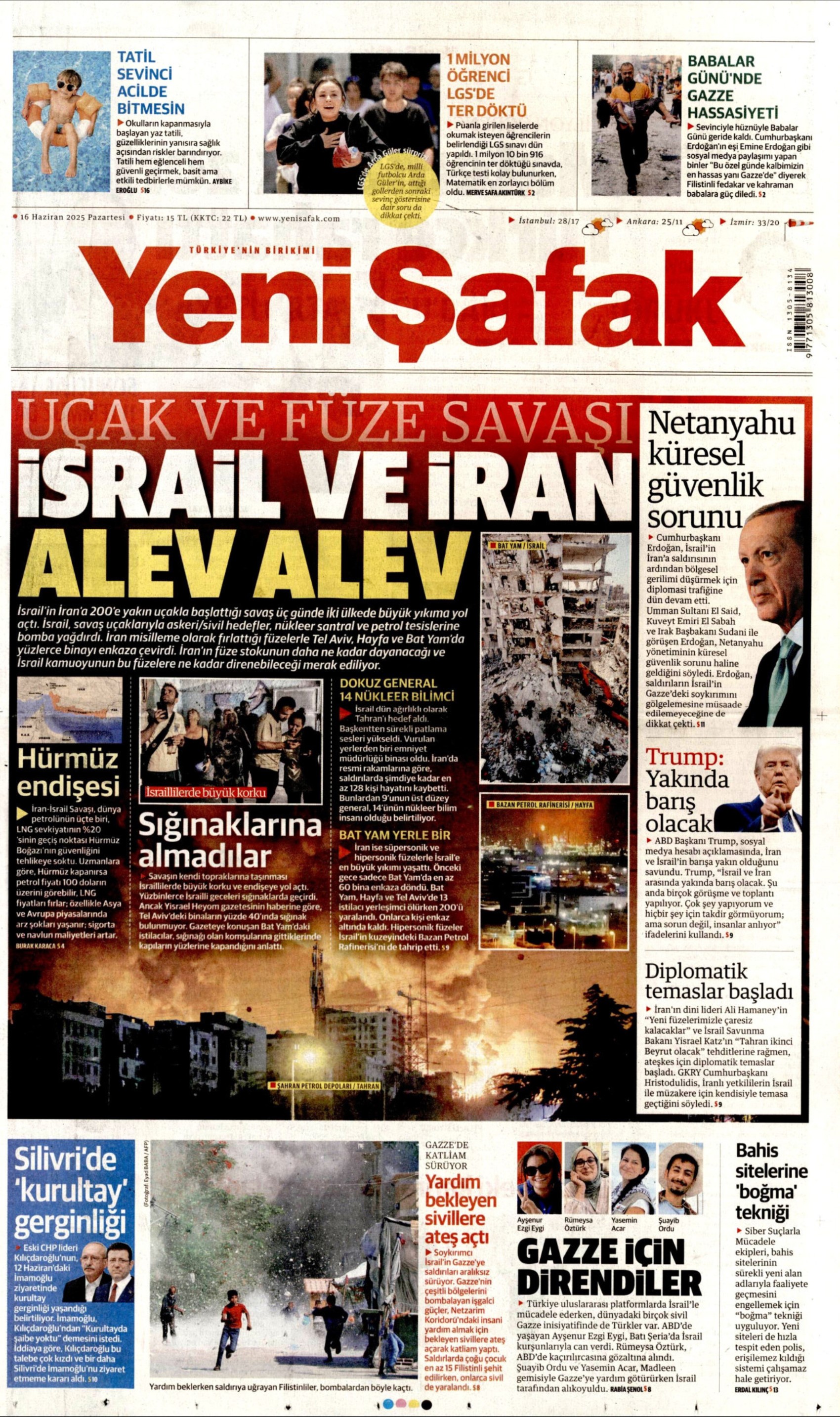 16 Haziran 2025 gazete manşetleri