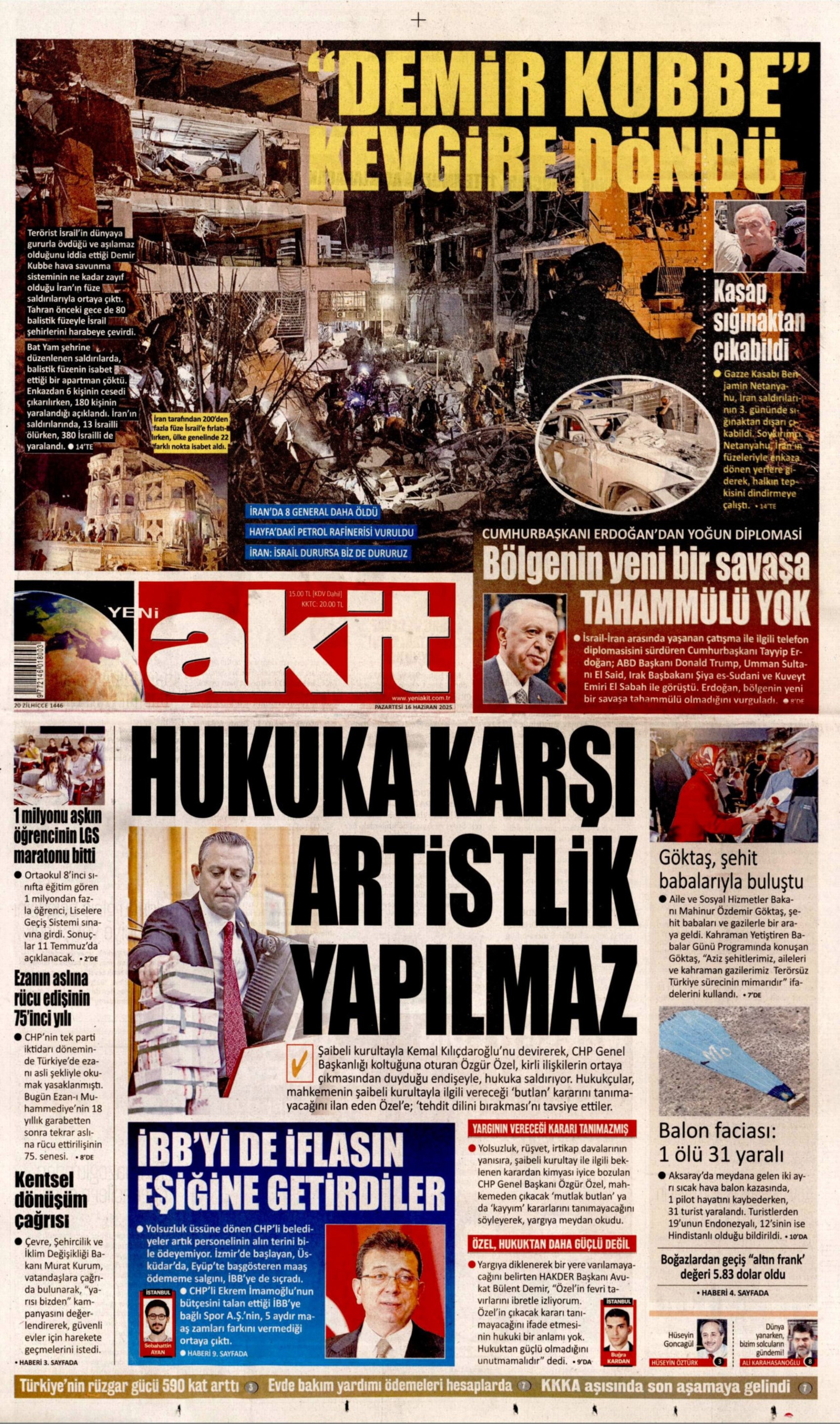 16 Haziran 2025 gazete manşetleri