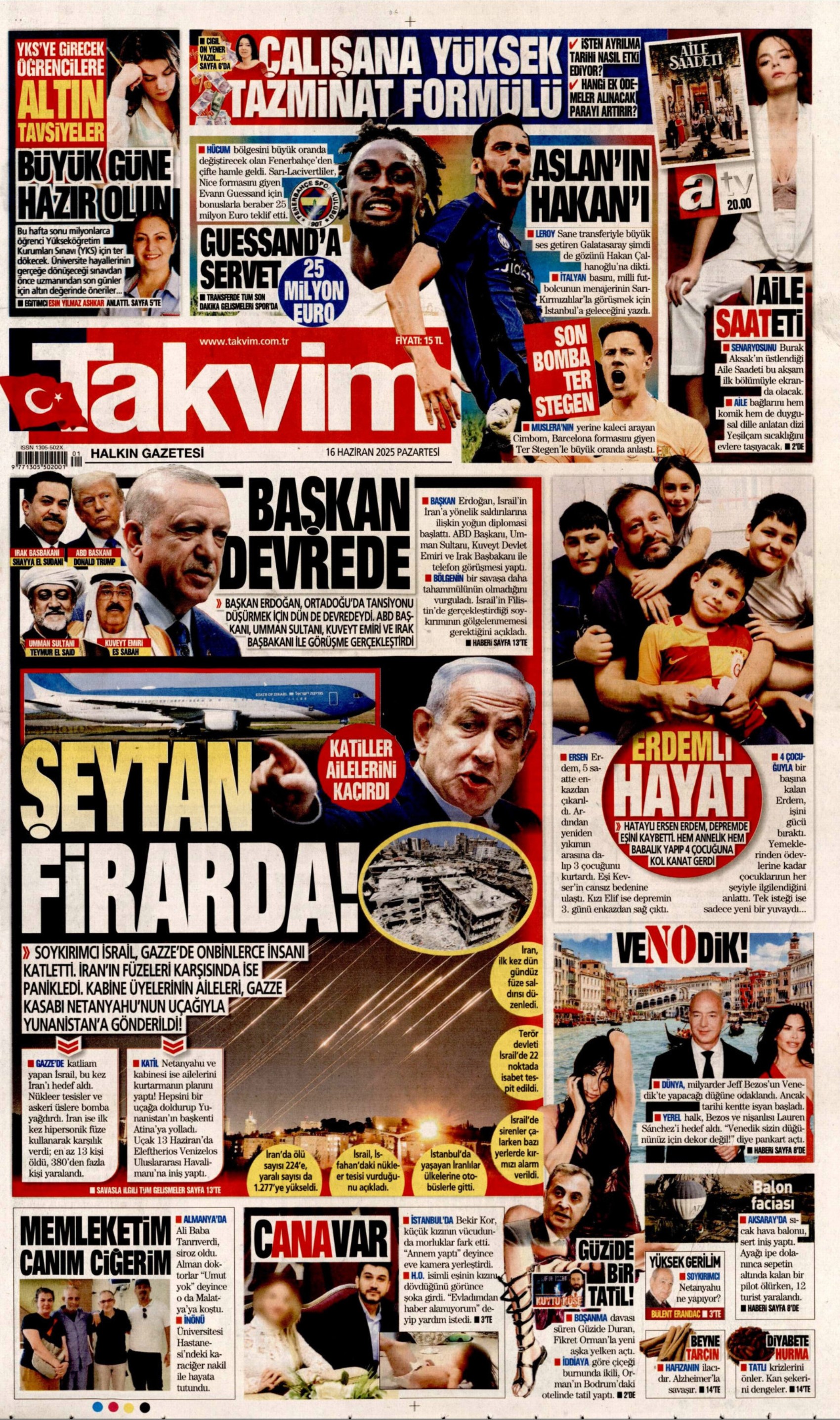 16 Haziran 2025 gazete manşetleri
