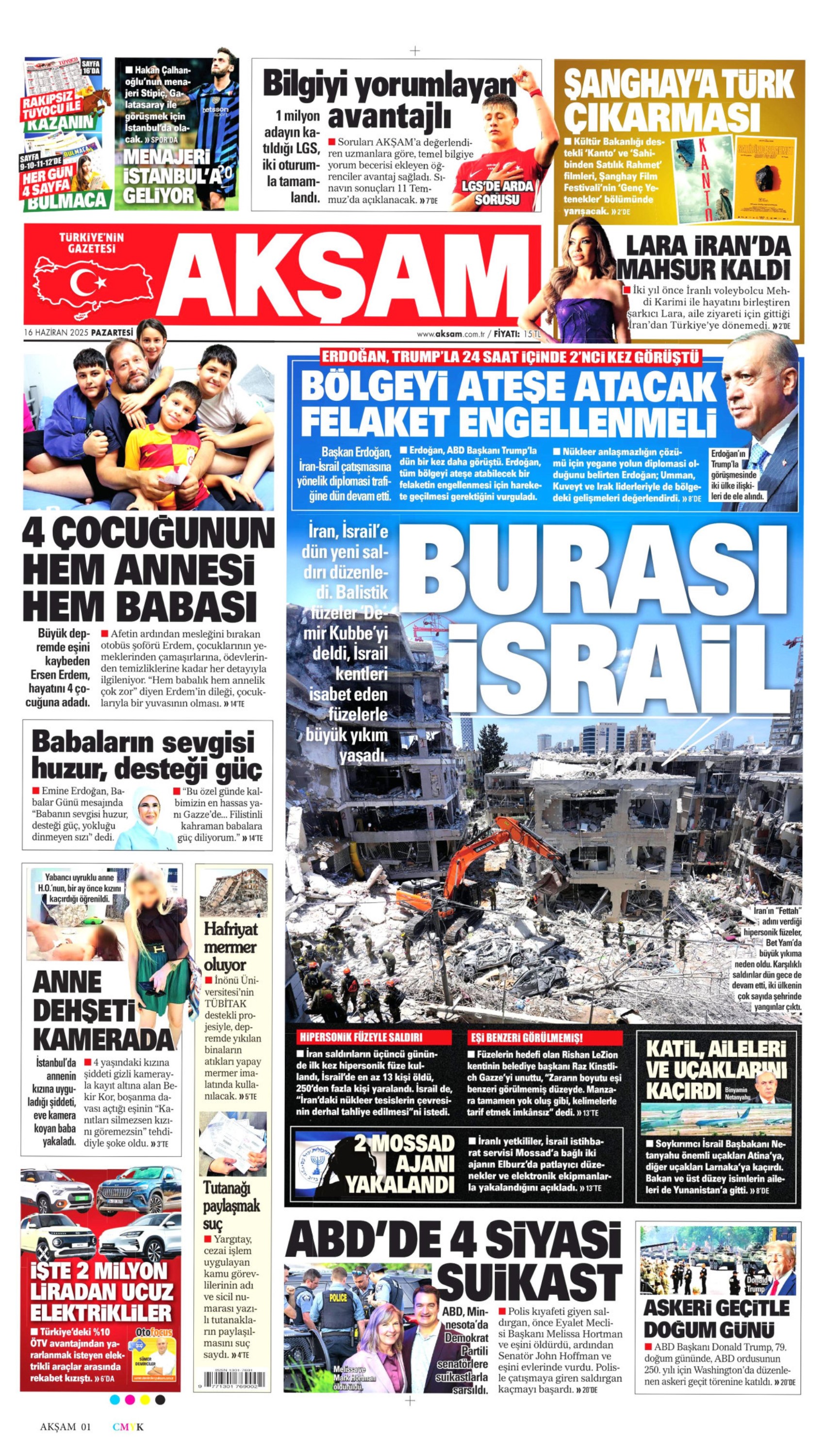 16 Haziran 2025 gazete manşetleri