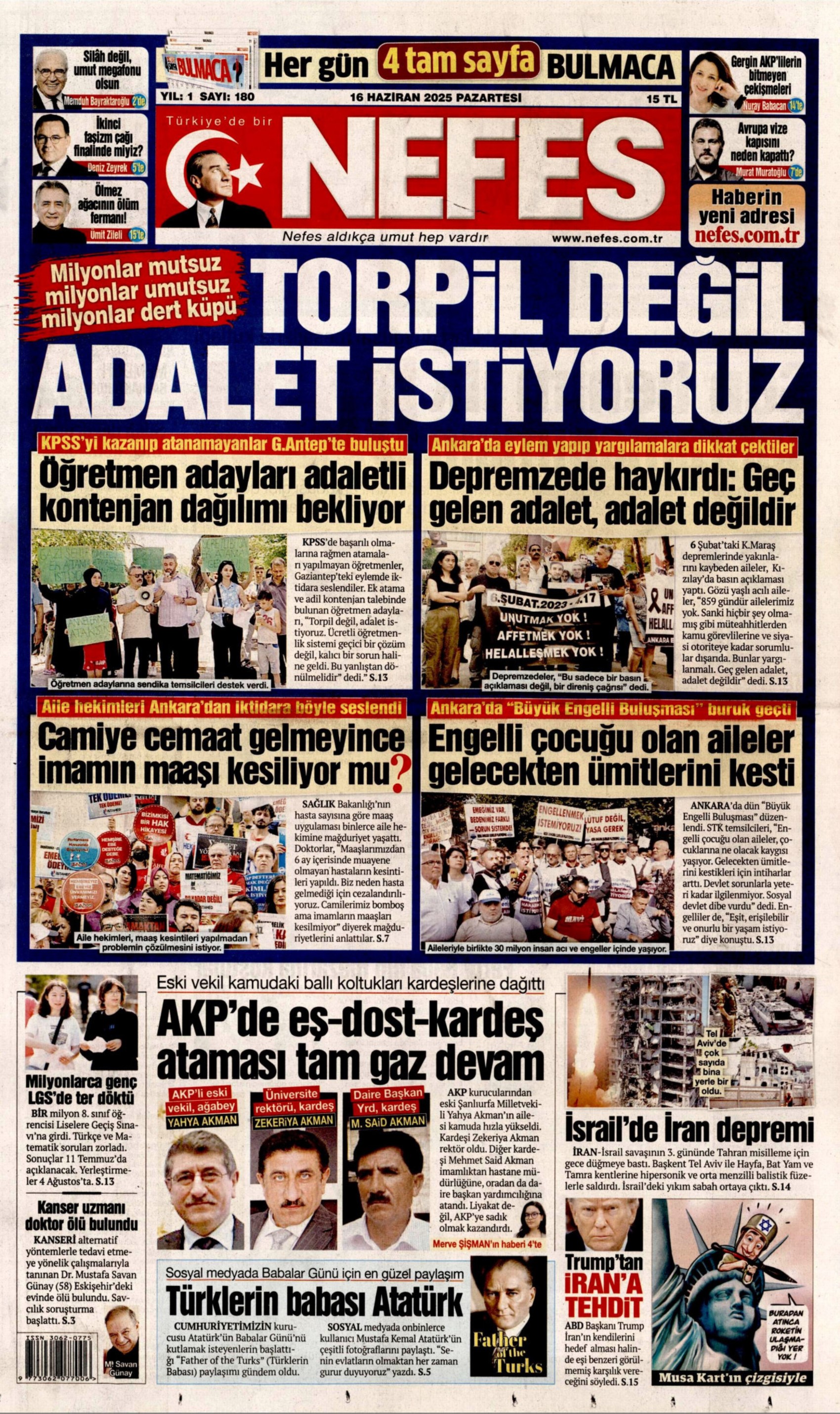 16 Haziran 2025 gazete manşetleri