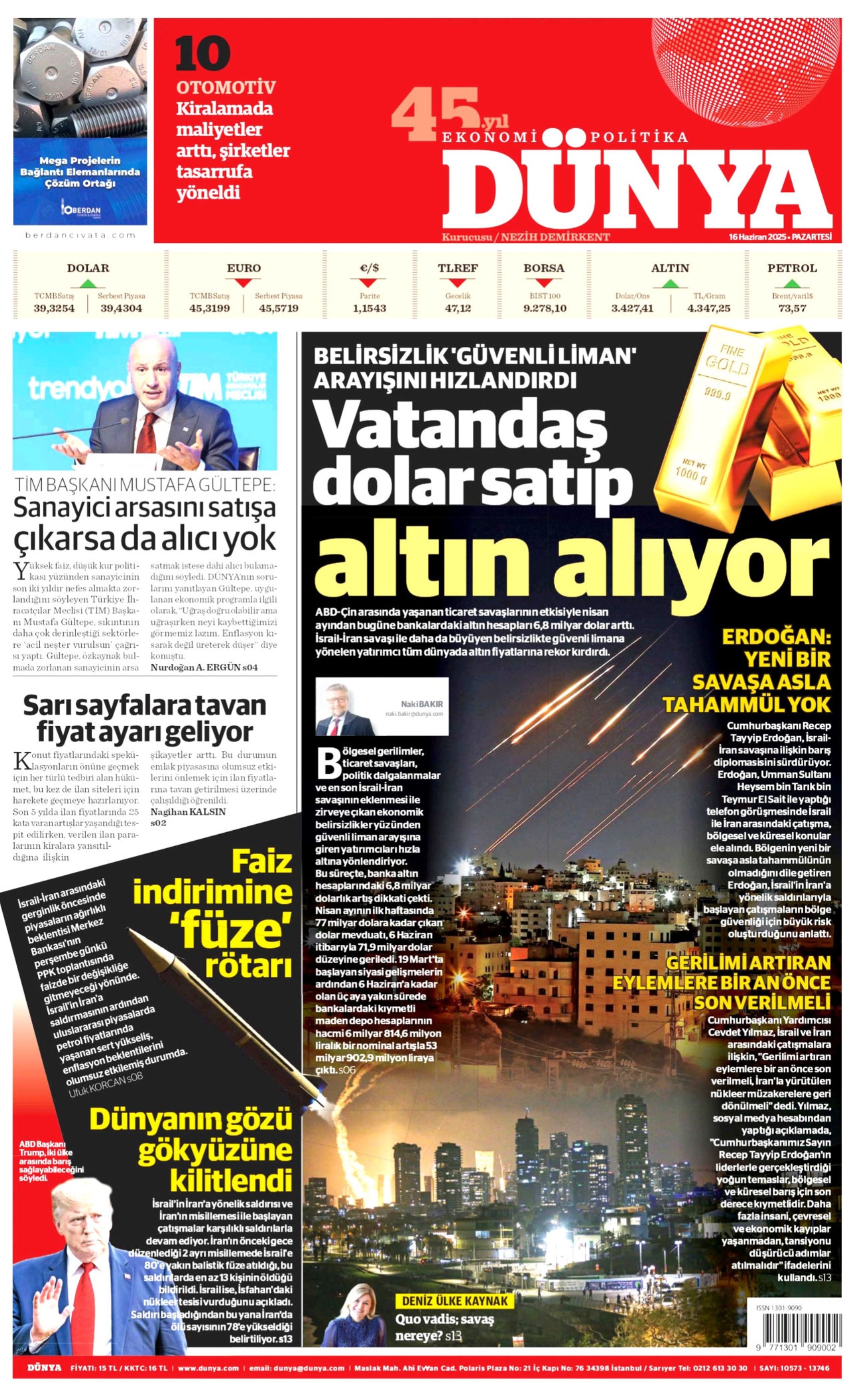 16 Haziran 2025 gazete manşetleri