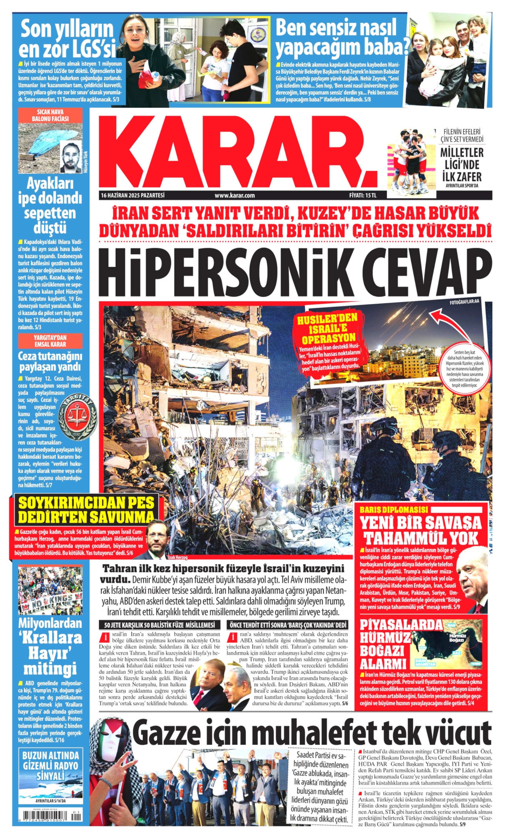 16 Haziran 2025 gazete manşetleri