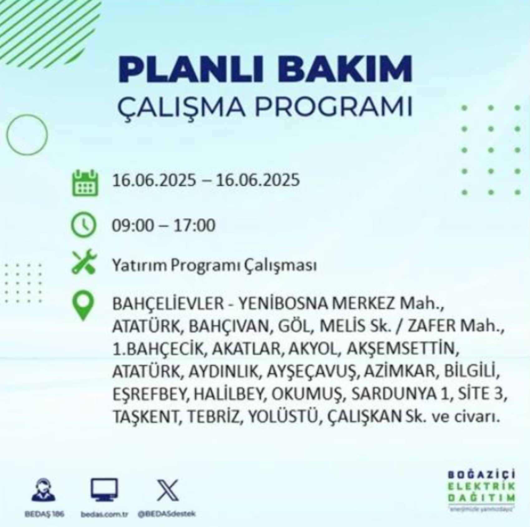 BEDAŞ paylaştı: İstanbul'da 16 Haziran Pazartesi günü elektrik kesintisi yaşanacak ilçeler